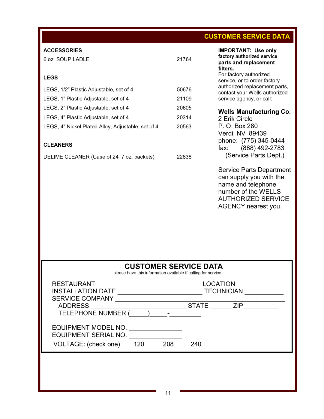 Wells HW-10, HW-SMP operation manual Customer Service Data, Accessories, Legs, Cleaners 