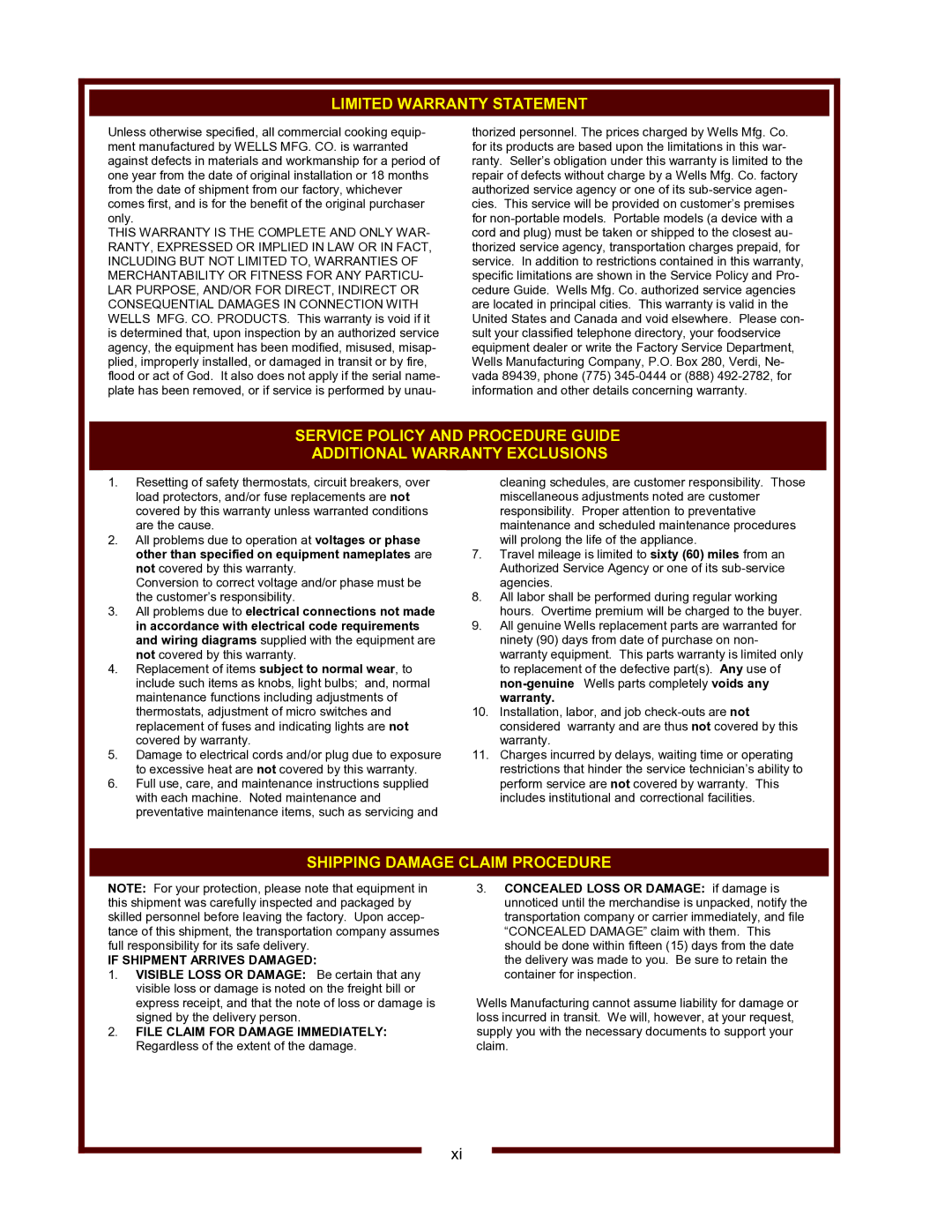 Wells HW-SMP, HW-10 operation manual Limited Warranty Statement 