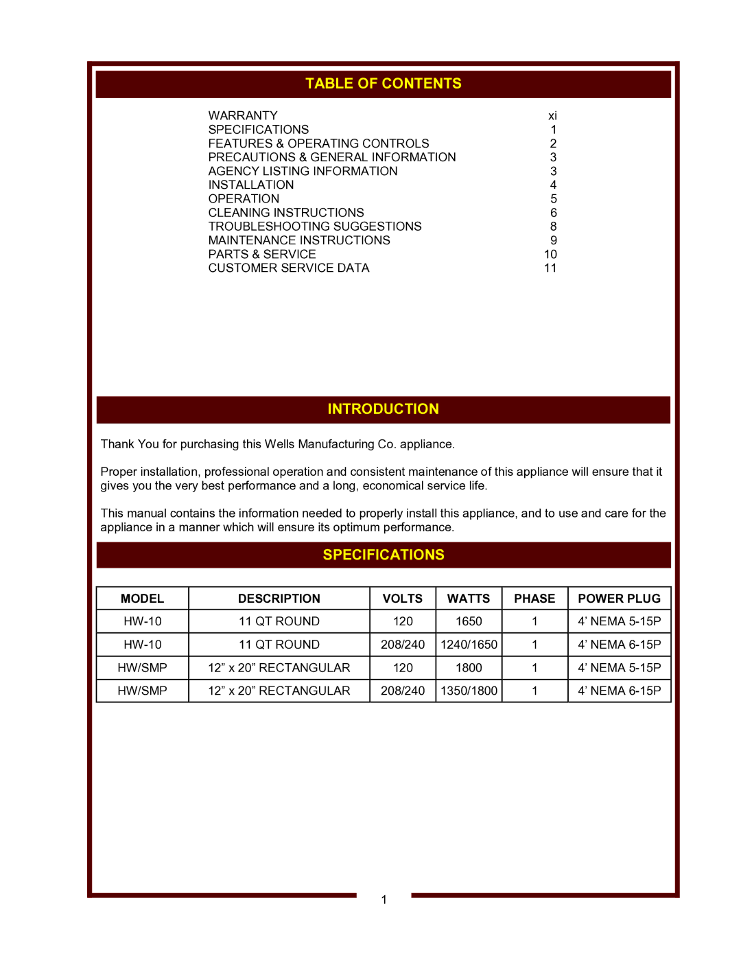 Wells HW-10, HW-SMP operation manual Table of Contents, Introduction, Specifications 