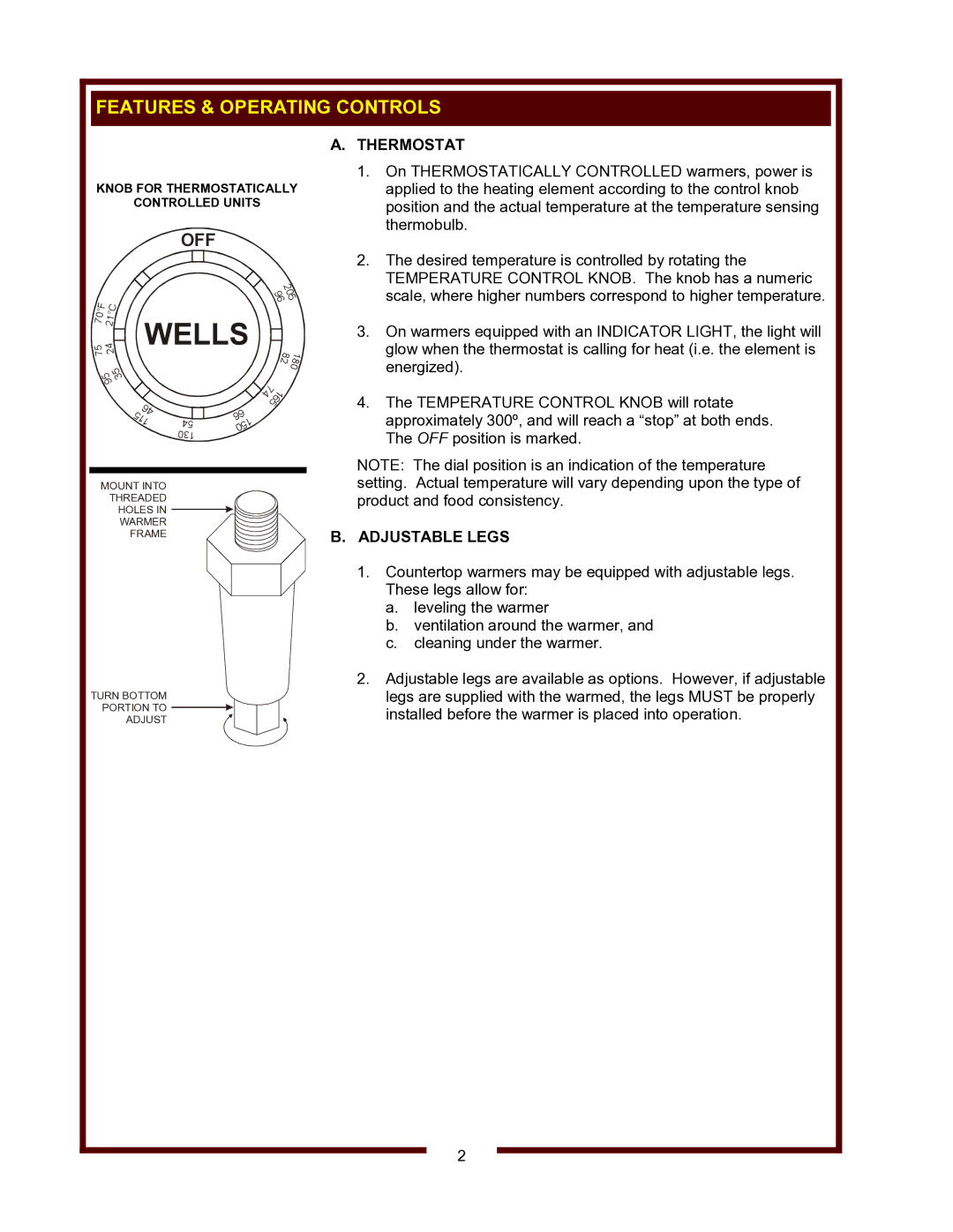 Wells HW-SMP, HW-10 operation manual Features & Operating Controls, Thermostat, Adjustable Legs 