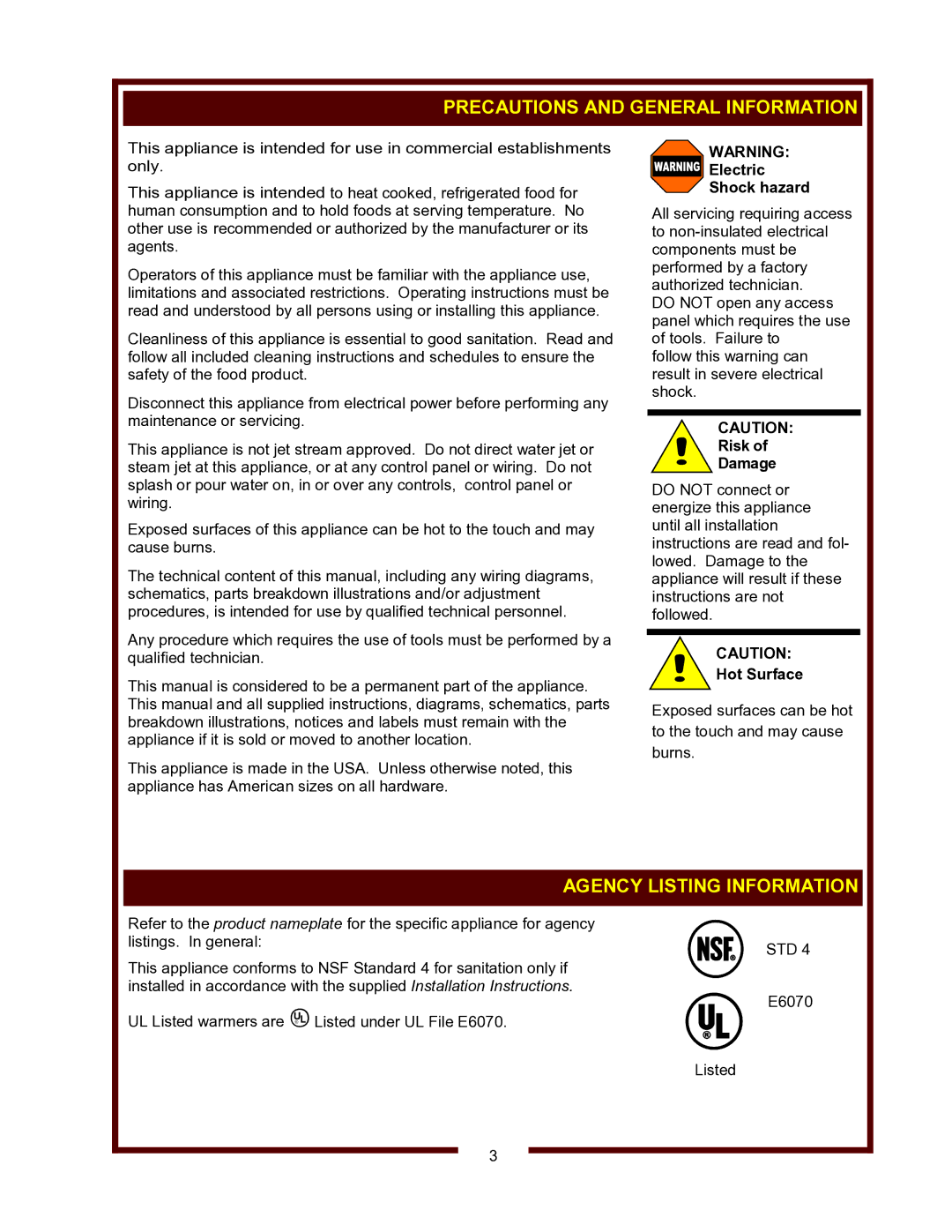 Wells HW-10, HW-SMP operation manual Precautions and General Information, Agency Listing Information 