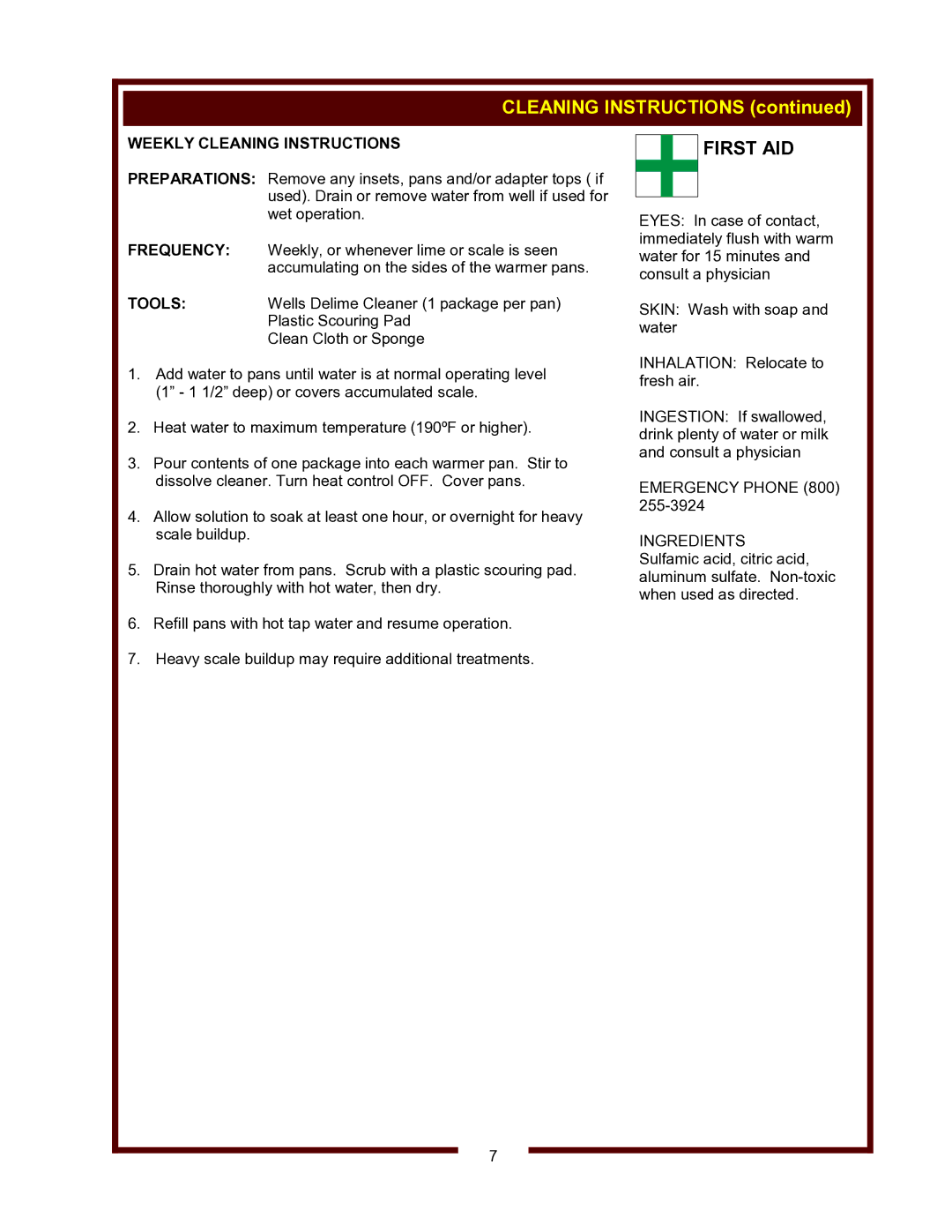 Wells HW-10, HW-SMP operation manual Weekly Cleaning Instructions 