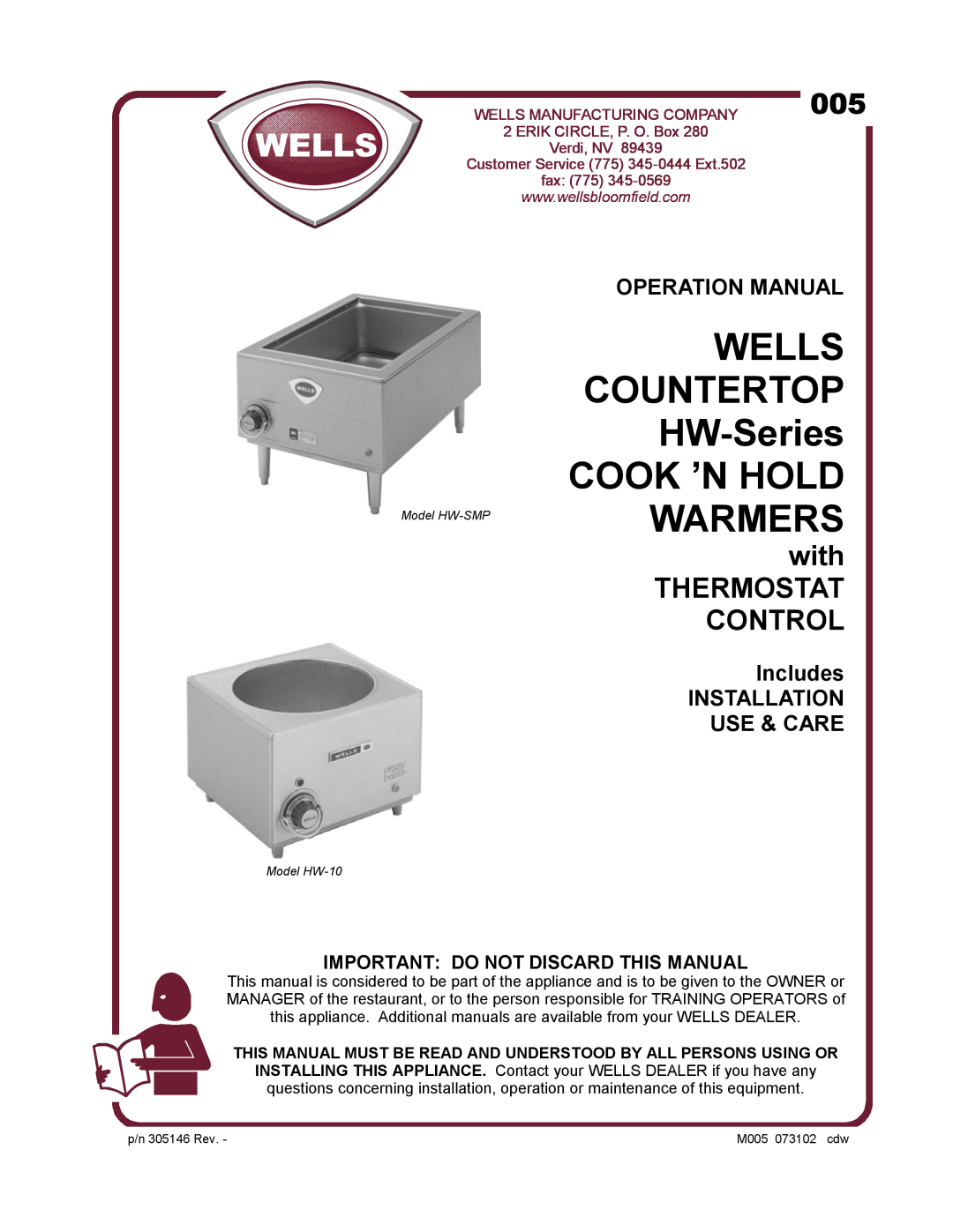 Wells HW-10 operation manual Includes INSTALLATION USE & CARE, Important Do Not Discard This Manual, Verdi, NV, Ext.502 
