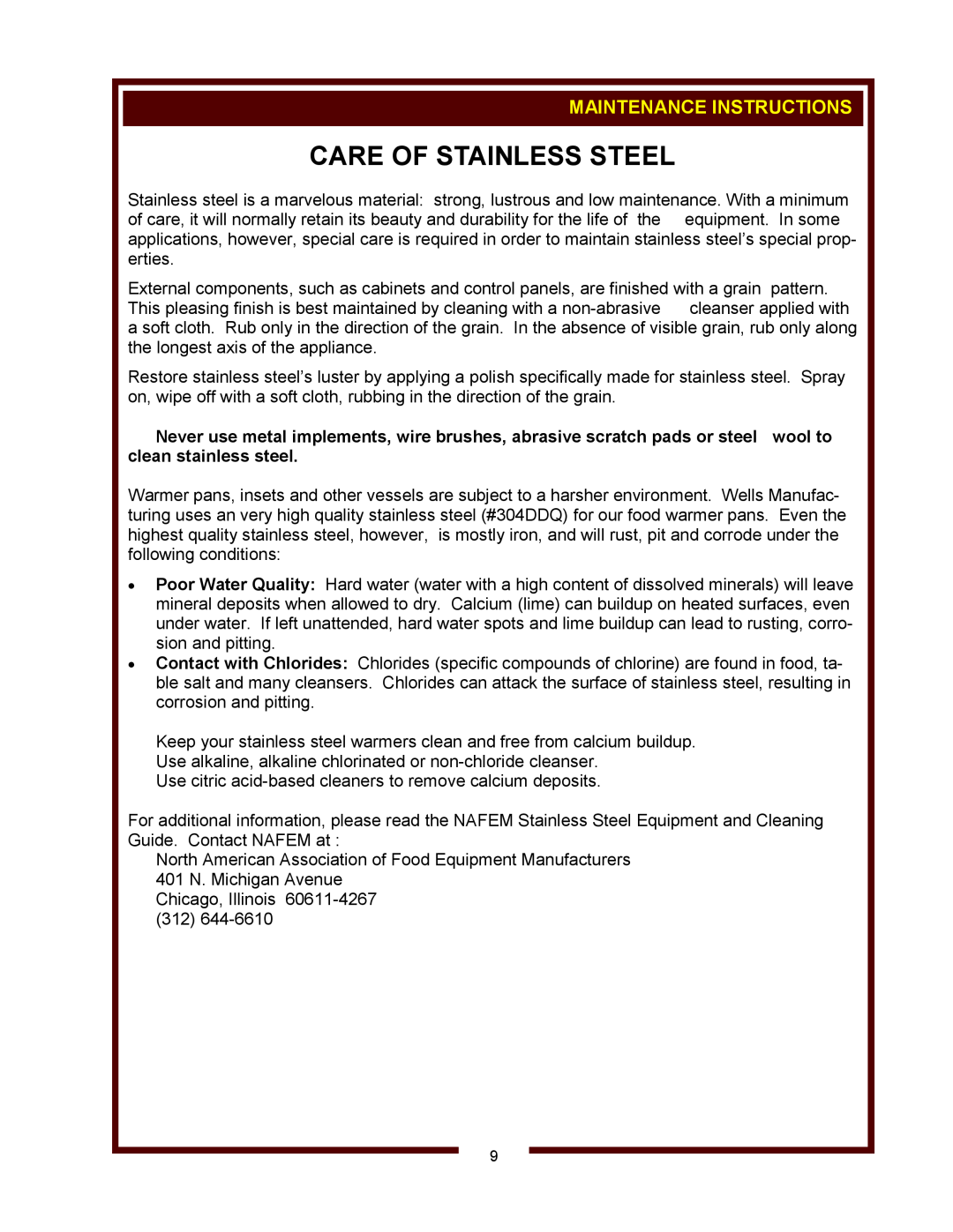 Wells HW-10, HW-SMP operation manual Maintenance Instructions, Care Of Stainless Steel 