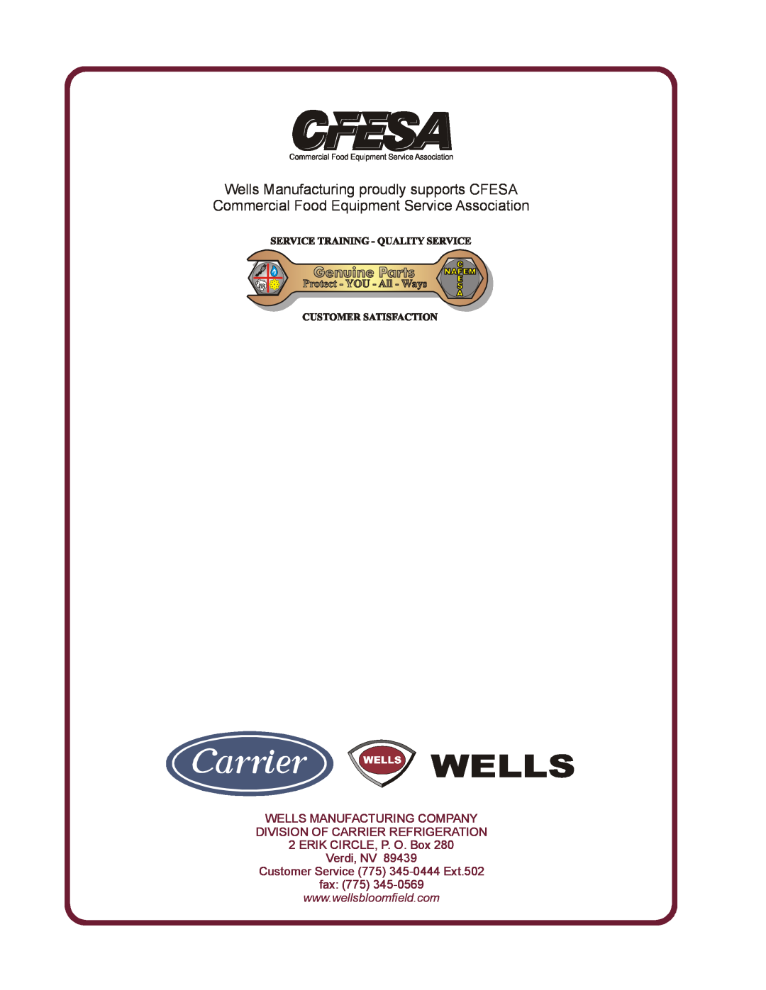 Wells HW-SMP, HW-10 Wells Manufacturing Company, Division Of Carrier Refrigeration, ERIK CIRCLE, P. O. Box Verdi, NV 