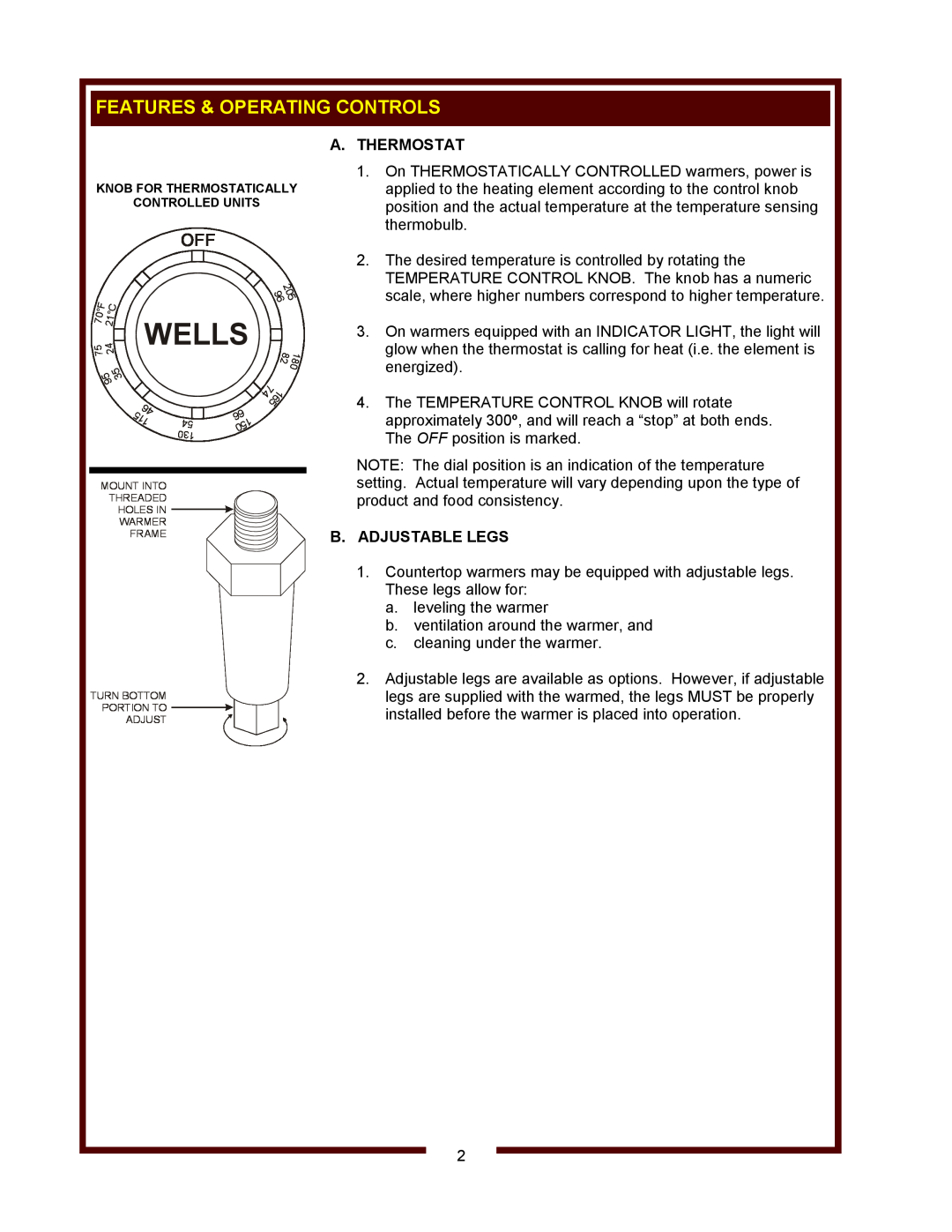 Wells HW-SMP, HW-10 operation manual Features & Operating Controls, Wells, A.Thermostat, B.Adjustable Legs 