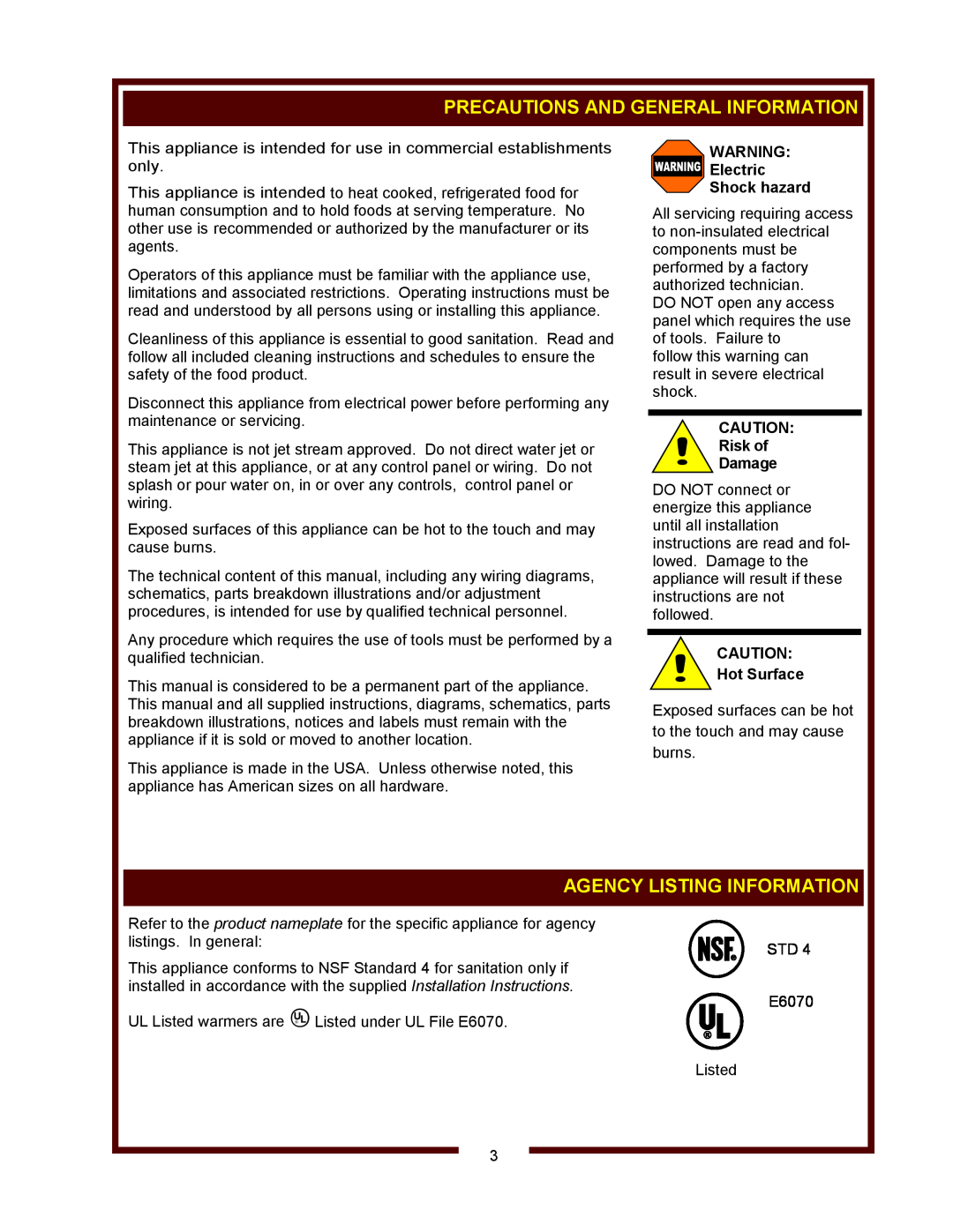 Wells HW-10 Precautions And General Information, Agency Listing Information, WARNING Electric Shock hazard, Risk of Damage 