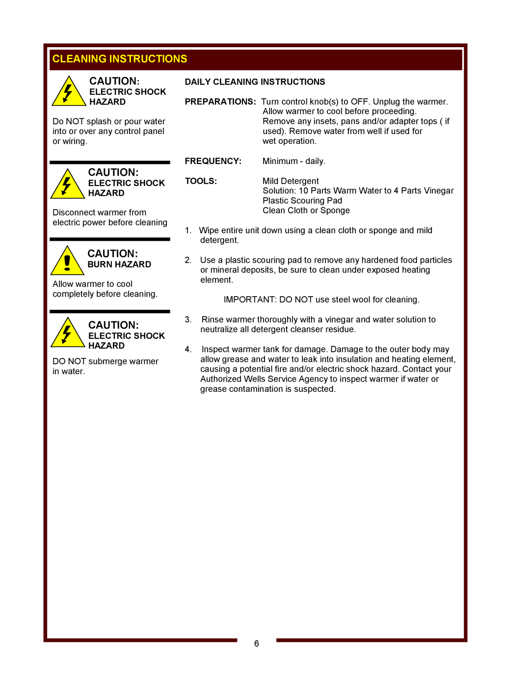 Wells HW-SMP, HW-10 operation manual Electric Shock Hazard, Daily Cleaning Instructions, Frequency, Tools, Burn Hazard 