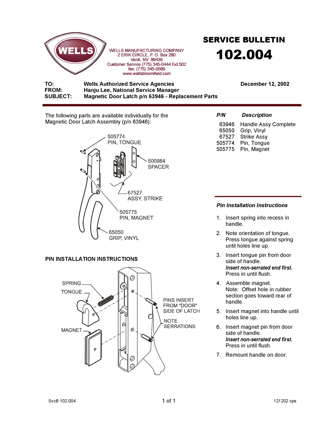 Wells Magnetic Door Latch installation instructions 102.004, Service Bulletin, Wells Authorized Service Agencies, December 