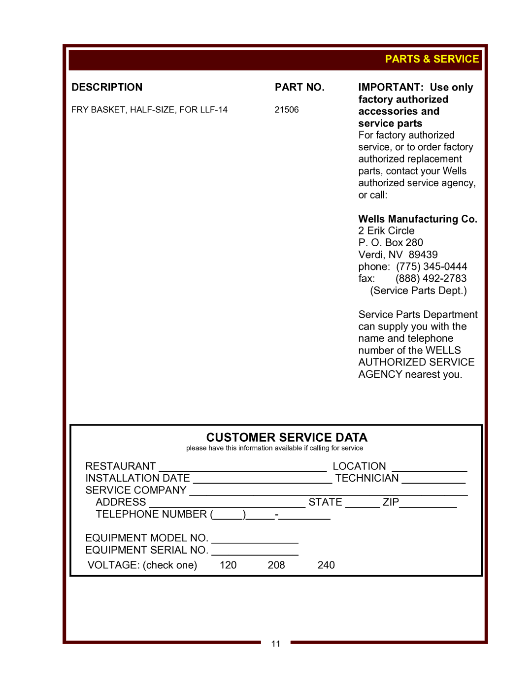 Wells Model LLF-14 operation manual Parts & Service, Description 