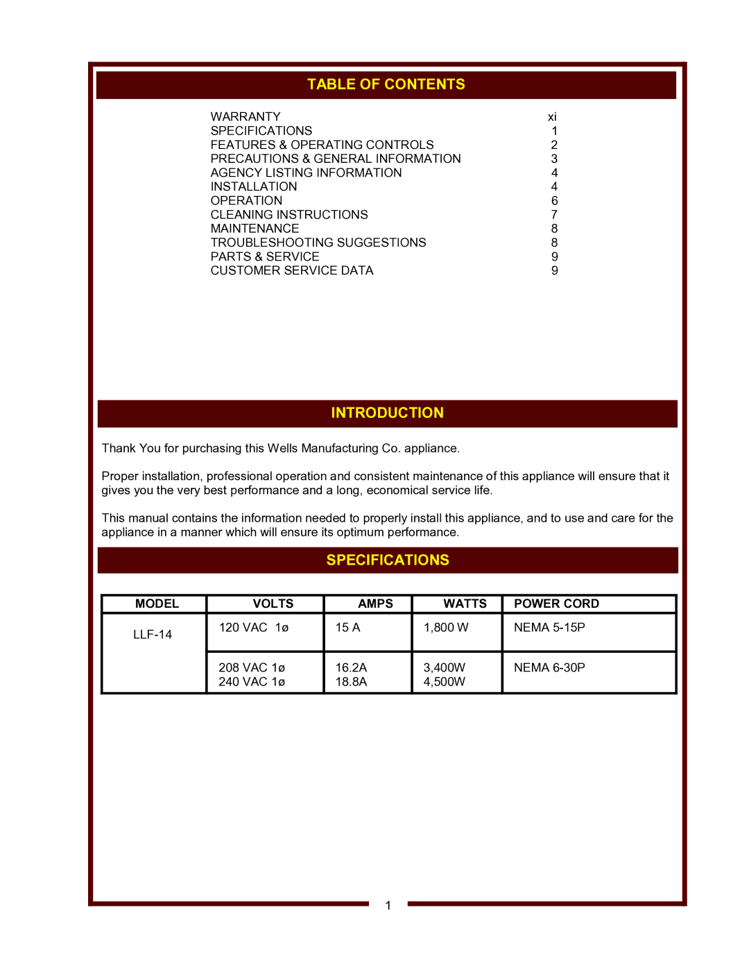 Wells Model LLF-14 operation manual Table of Contents, Introduction, Specifications 