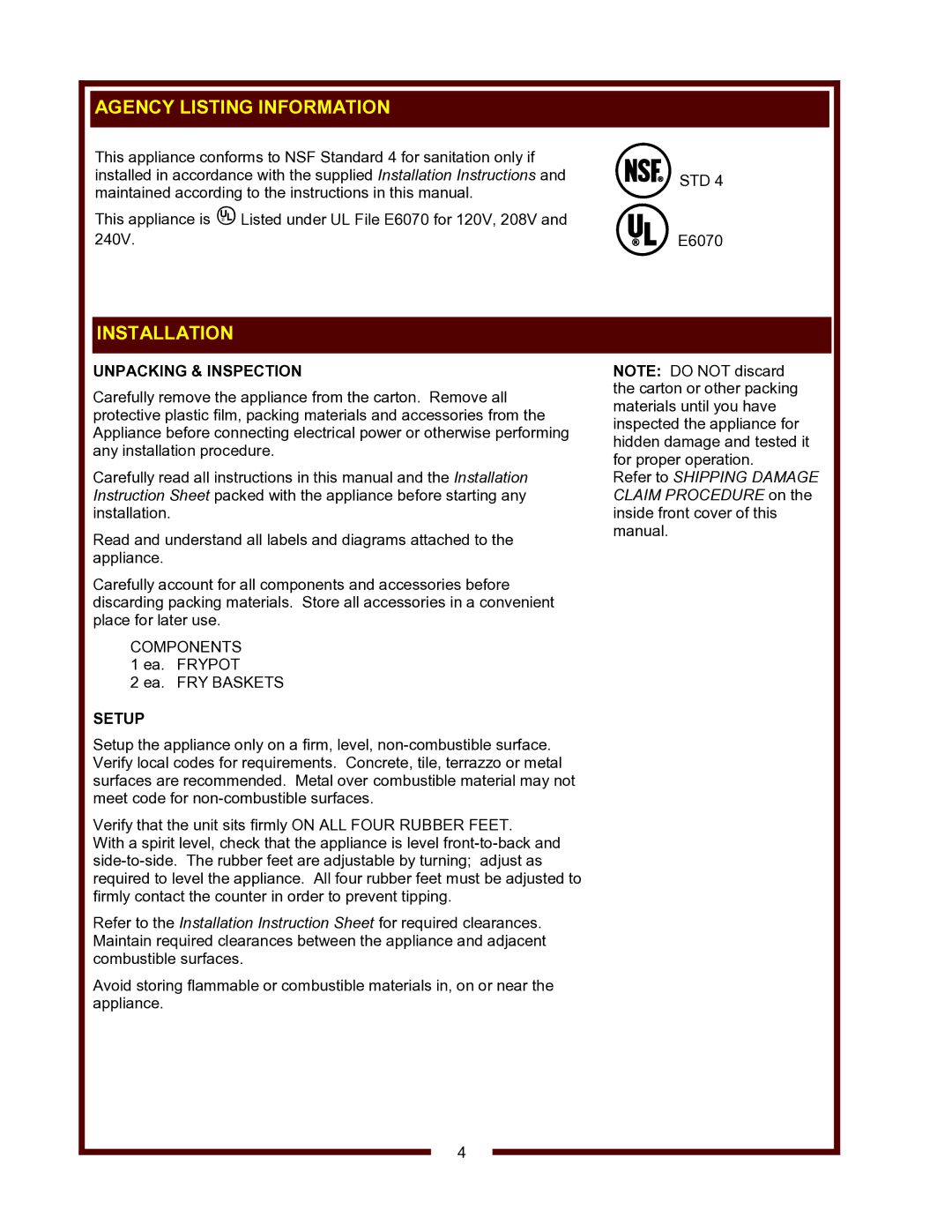 Wells Model LLF-14 operation manual Agency Listing Information, Installation, Unpacking & Inspection, Setup 