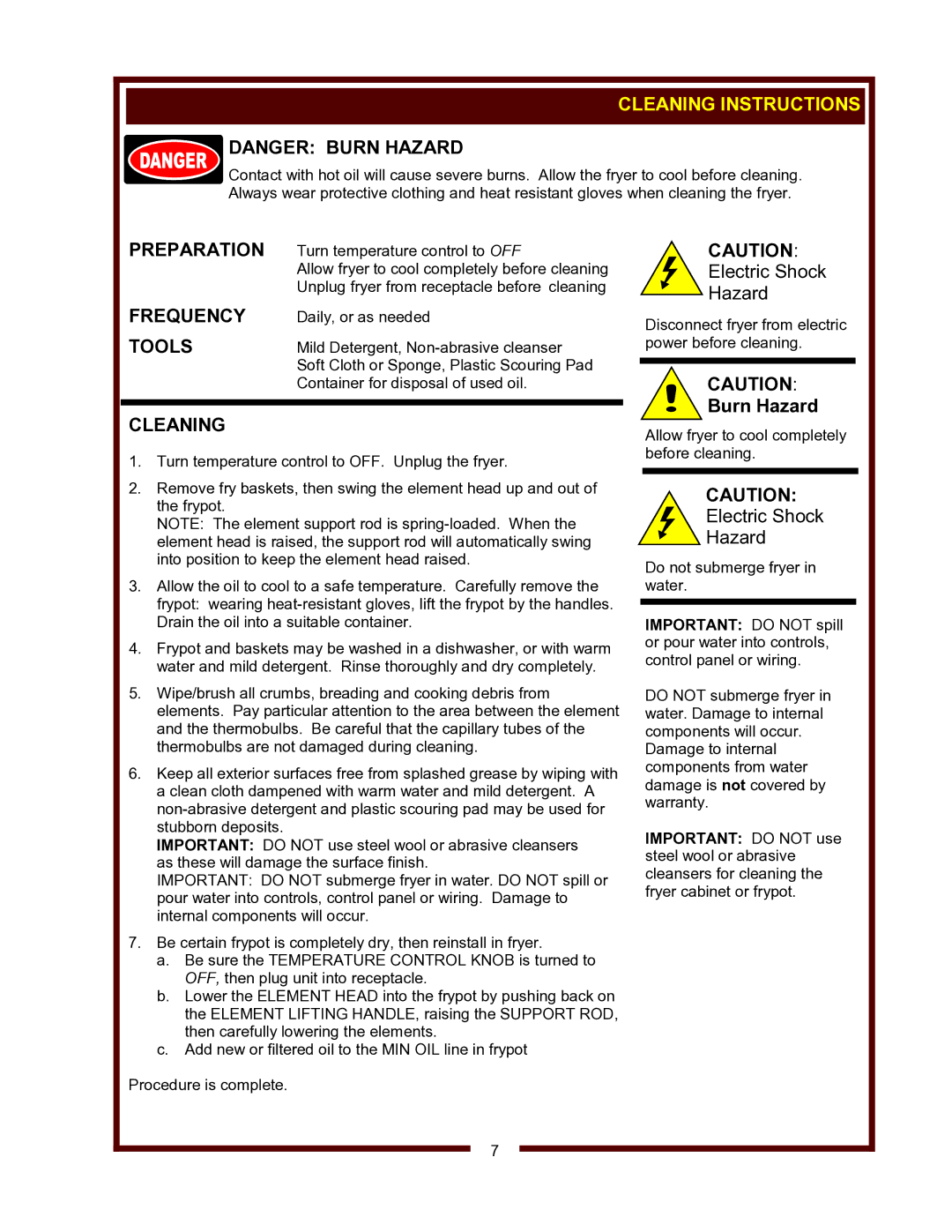 Wells Model LLF-14 operation manual Cleaning Instructions, Preparation, Frequency, Tools 