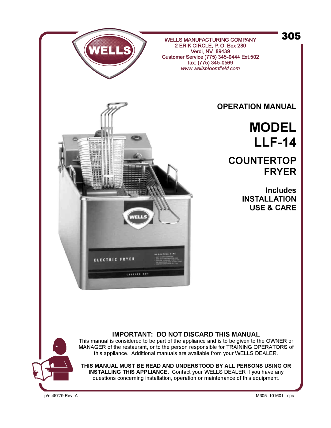 Wells Model LLF-14 operation manual Includes INSTALLATION USE & CARE, Important Do Not Discard This Manual, MODEL LLF-14 