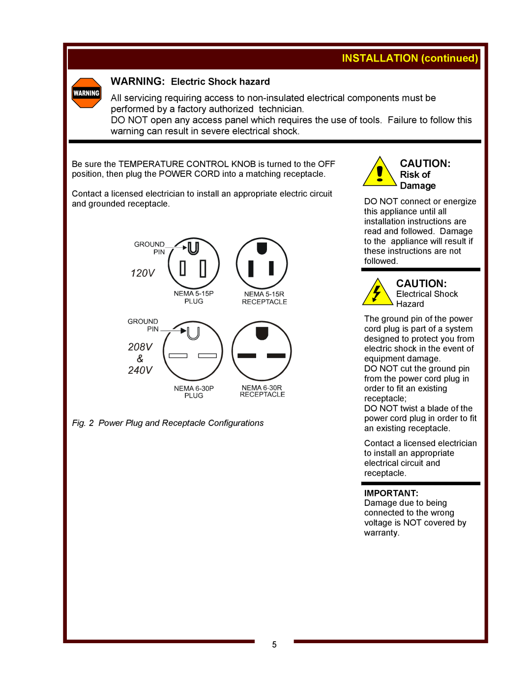 Wells Model LLF-14 operation manual INSTALLATION continued, WARNING Electric Shock hazard, Risk of Damage 