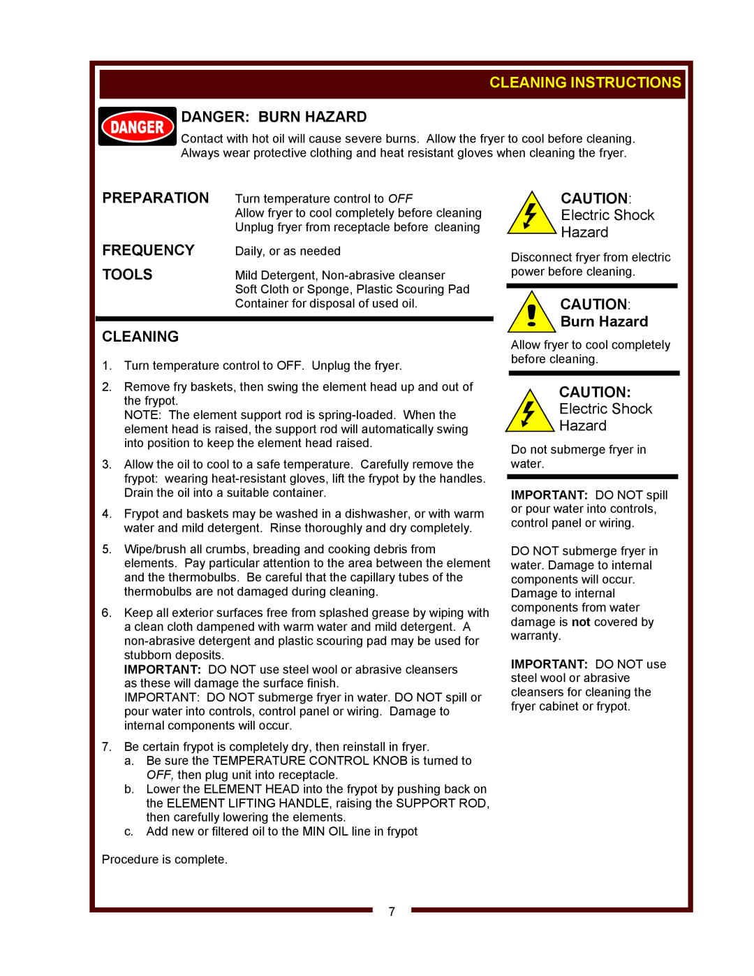 Wells Model LLF-14 operation manual Cleaning Instructions, Preparation, Frequency, Tools, Danger Burn Hazard 