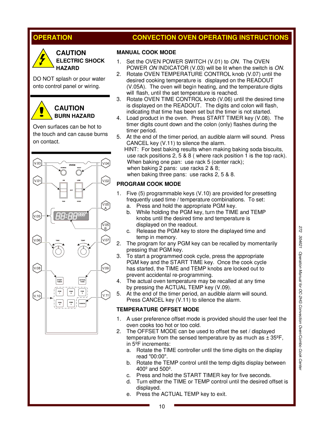 Wells OC-2HG operation manual Convection Oven Operating Instructions, Burn Hazard, Manual Cook Mode, Program Cook Mode 