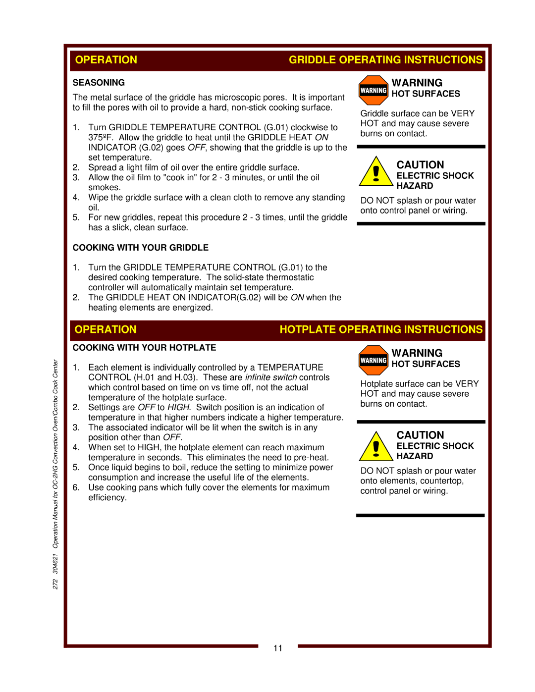 Wells OC-2HG operation manual Operation Griddle Operating Instructions, Operation Hotplate Operating Instructions 