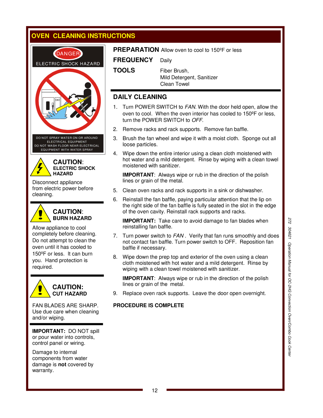 Wells OC-2HG operation manual Oven Cleaning Instructions, Frequency, Tools, Daily Cleaning 