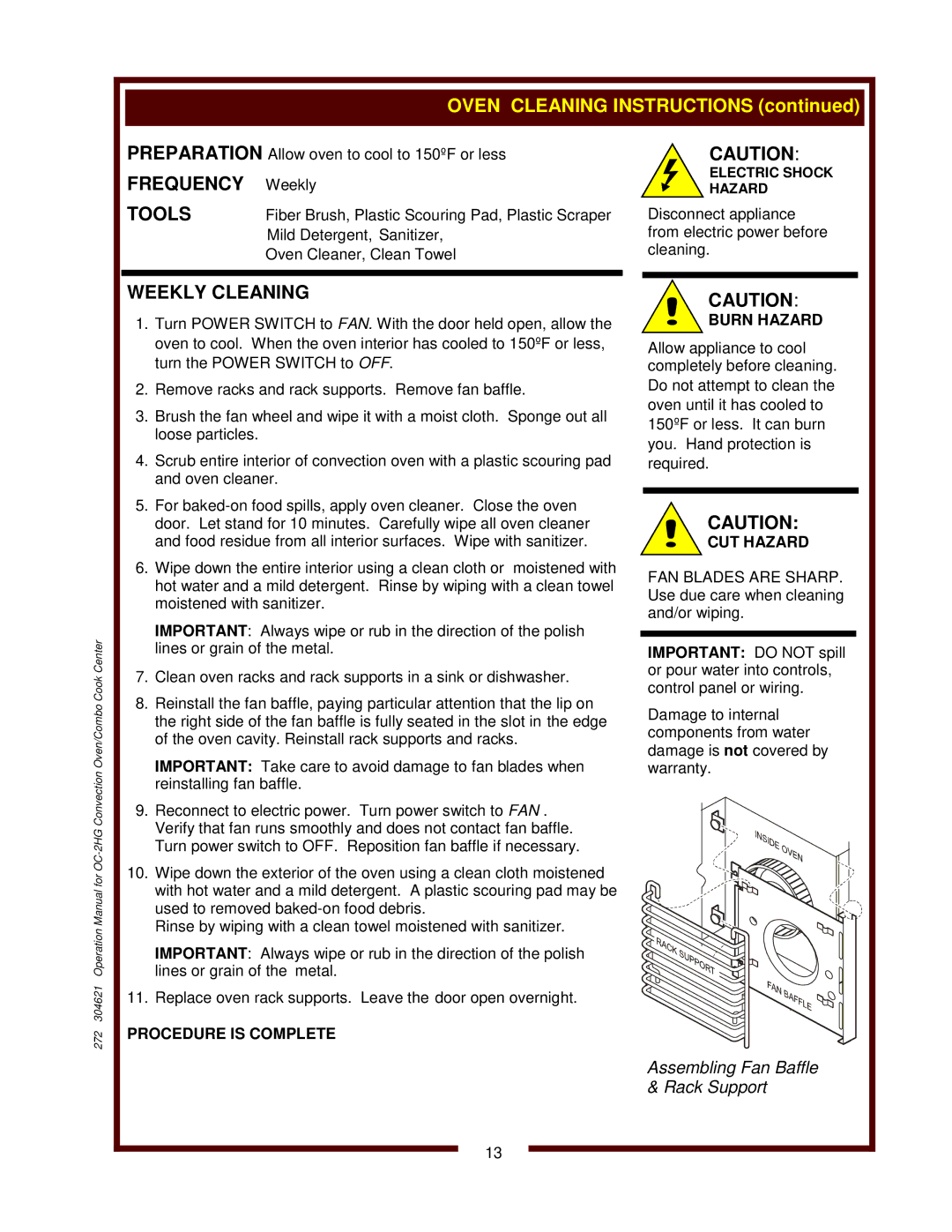 Wells OC-2HG operation manual Weekly Cleaning 