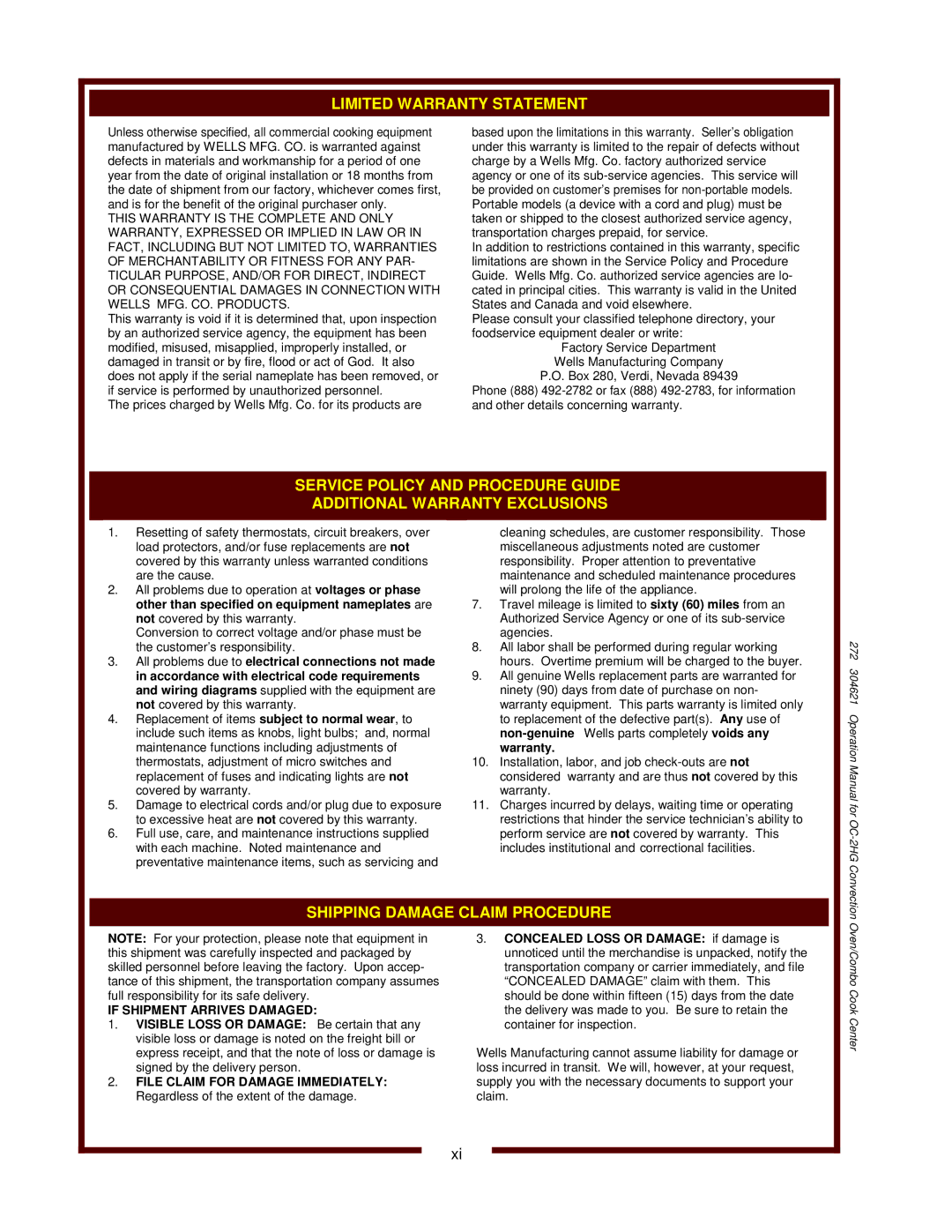 Wells OC-2HG operation manual Limited Warranty Statement 