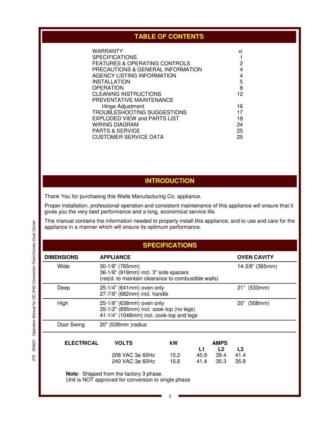 Wells OC-2HG operation manual Table of Contents, Introduction, Specifications 