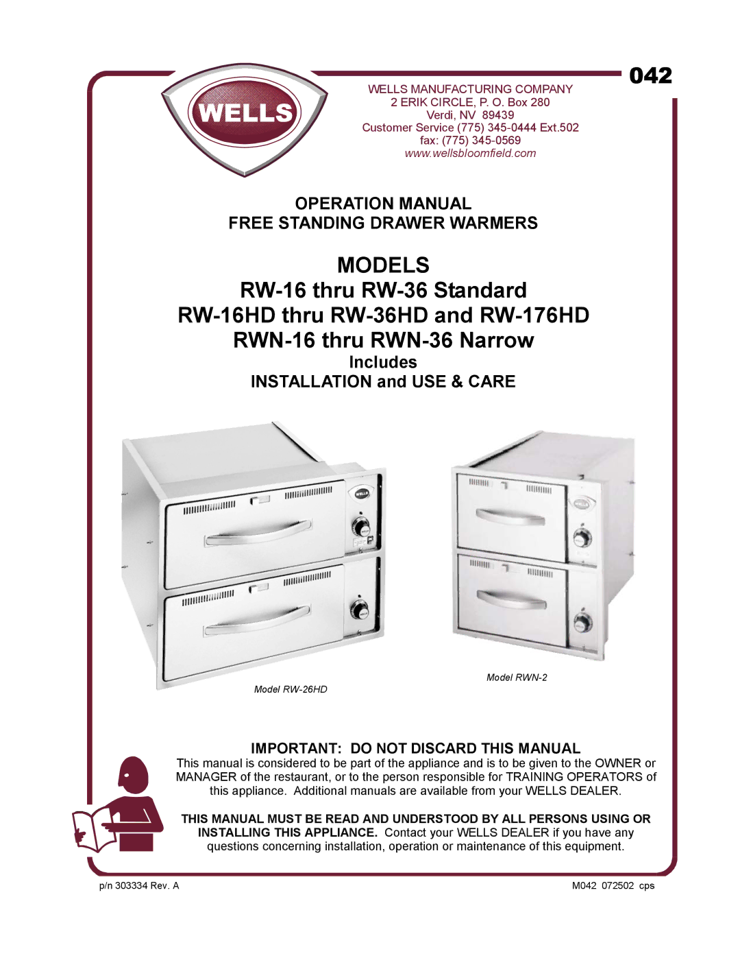 Wells RWN-2, RW-16 thru RW-36, RW-26HD, RW-176HD operation manual Models, Important do not Discard this Manual 