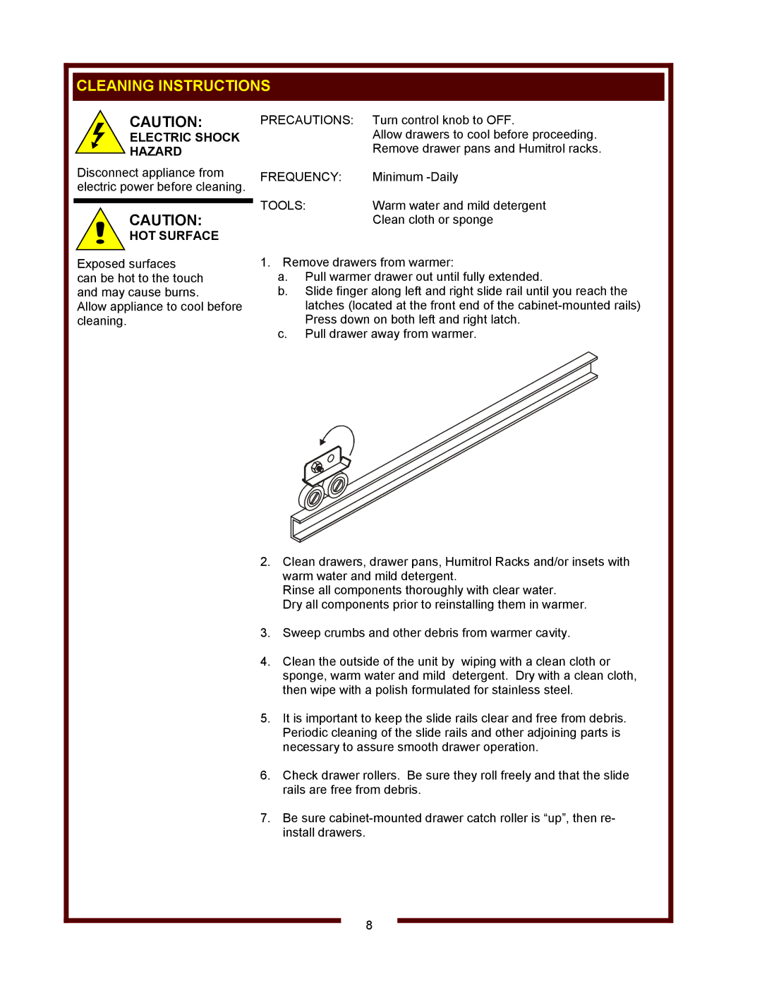 Wells RW-16HD thru RW-36HD, RW-16 thru RW-36, RWN-2, RW-26HD, RW-176HD, RWN-16 thru RWN-36 Cleaning Instructions, Precautions 