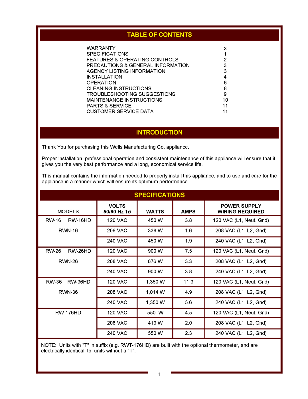 Wells RW-176HD, RW-16 thru RW-36, RWN-2, RW-26HD, RW-16HD thru RW-36HD Table of Contents, Introduction, Specifications 