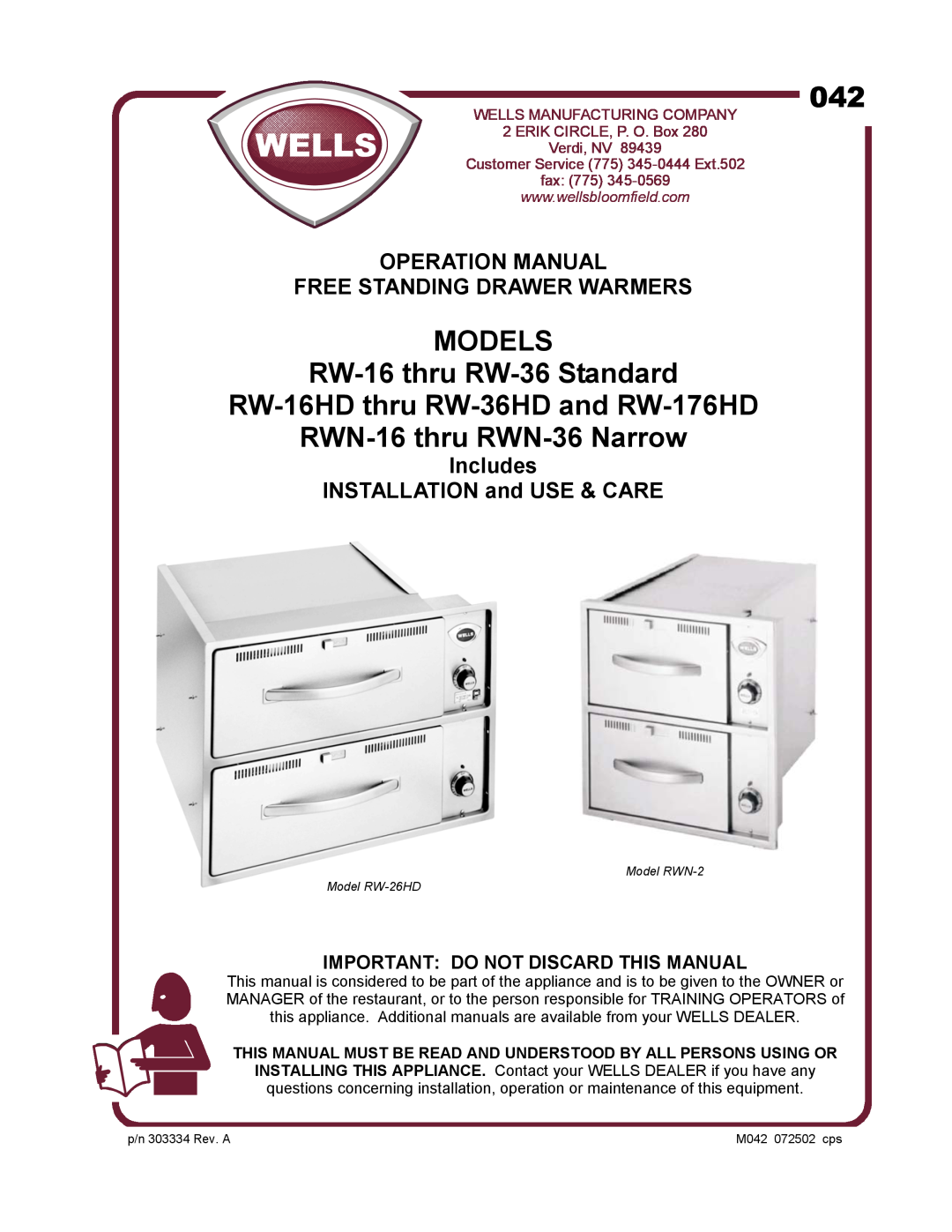 Wells RWN-2, RW-16 thru RW-36 operation manual Includes INSTALLATION and USE & CARE, Important Do Not Discard This Manual 