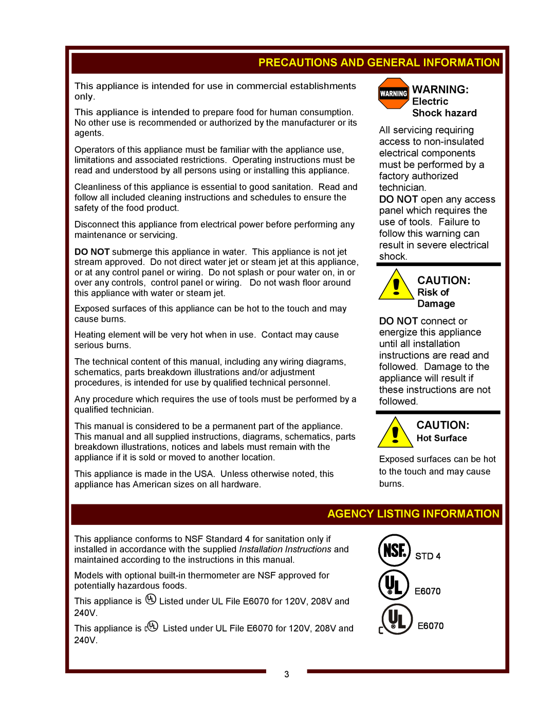 Wells RWN-16 thru RWN-36, RWN-2 Precautions And General Information, Agency Listing Information, Electric Shock hazard 