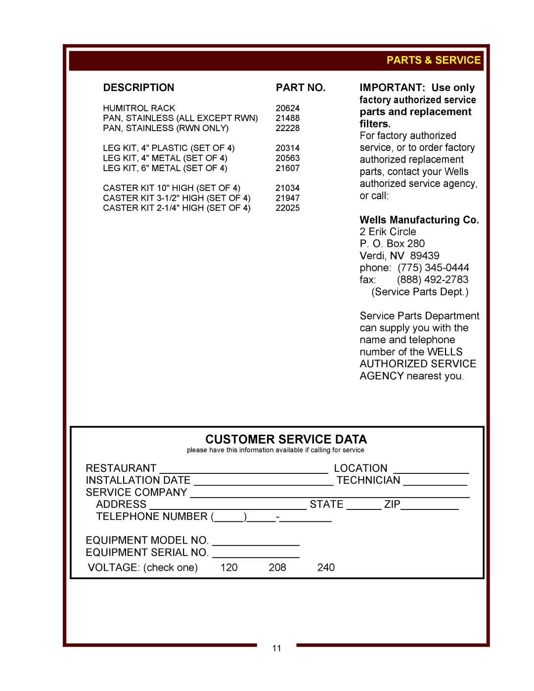 Wells RW-1 thru RW-4 Standard, RWN-1 thru RWN-3 Narrow, RW-1HD thru RW-3HD Heavy-Duty Description, Parts & Service 