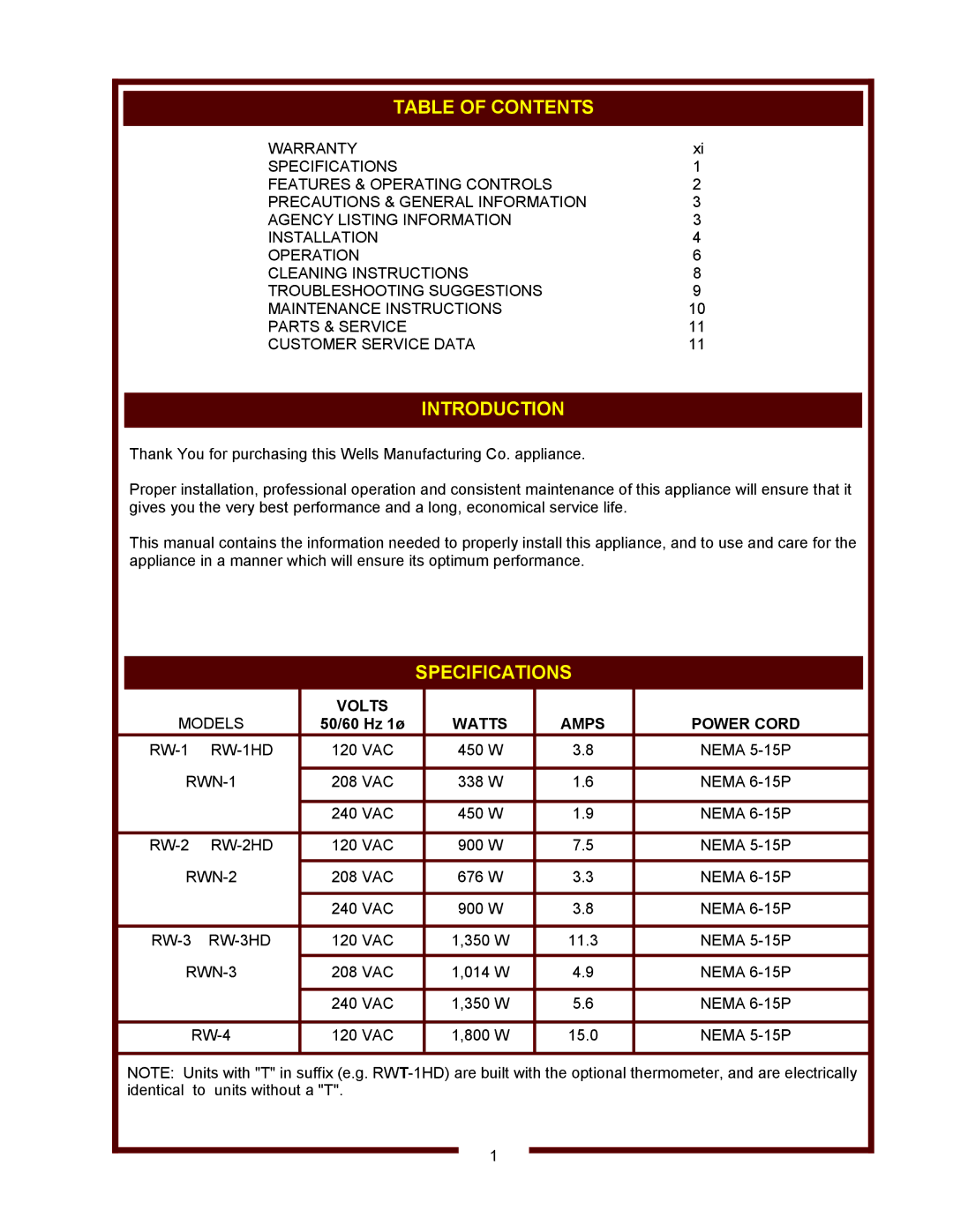 Wells RWN-1 thru RWN-3 Narrow, RW-1 thru RW-4 Standard operation manual Table of Contents, Introduction, Specifications 