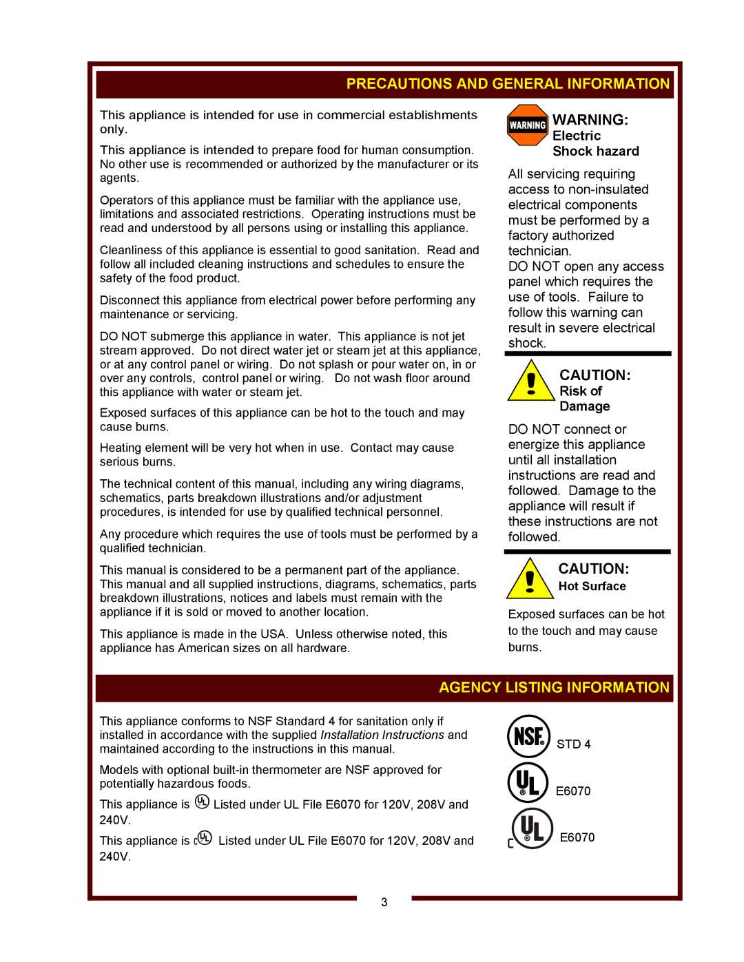 Wells RW-1HD thru RW-3HD Heavy-Duty operation manual Precautions and General Information, Agency Listing Information 