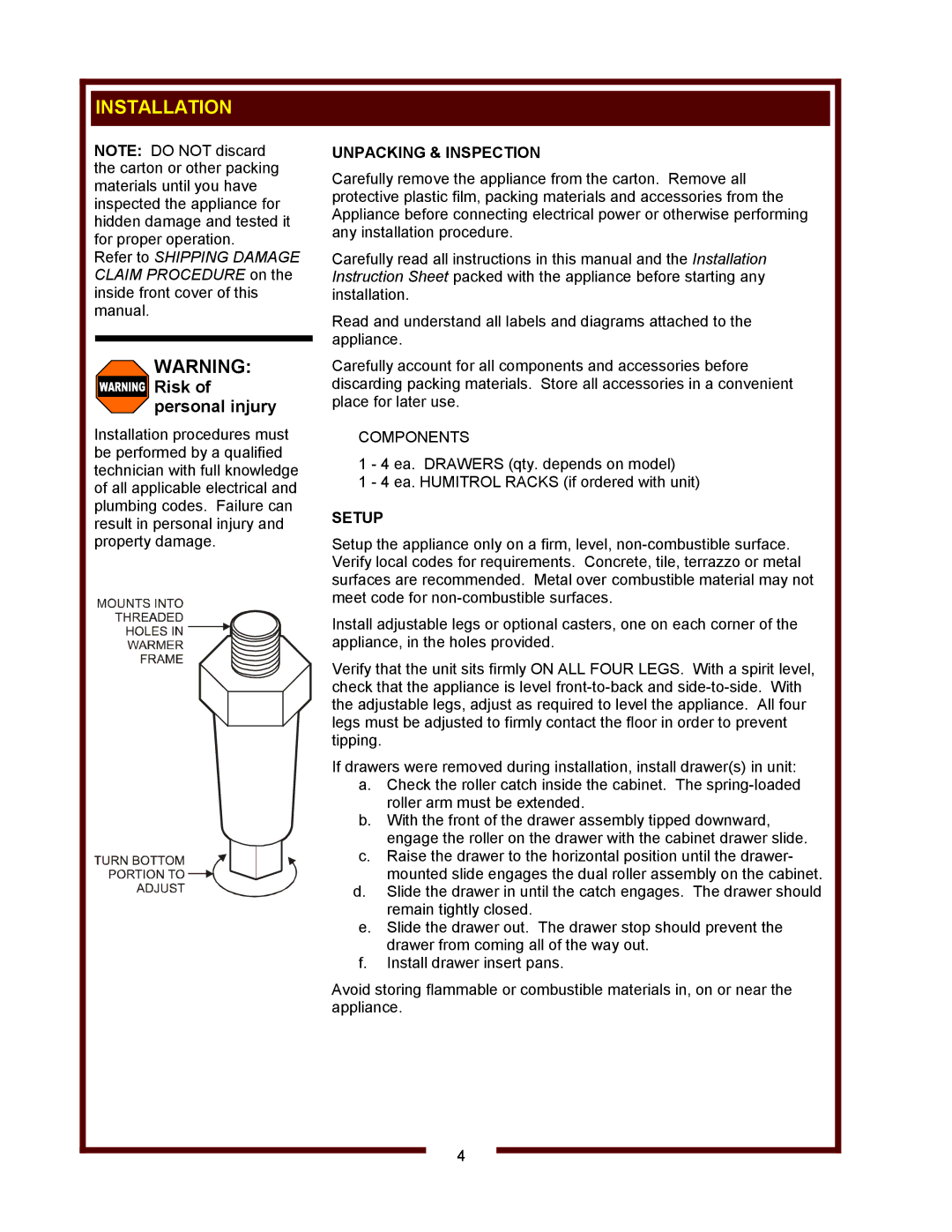 Wells RWN-1 thru RWN-3 Narrow, RW-1 thru RW-4 Standard operation manual Installation, Unpacking & Inspection, Setup 