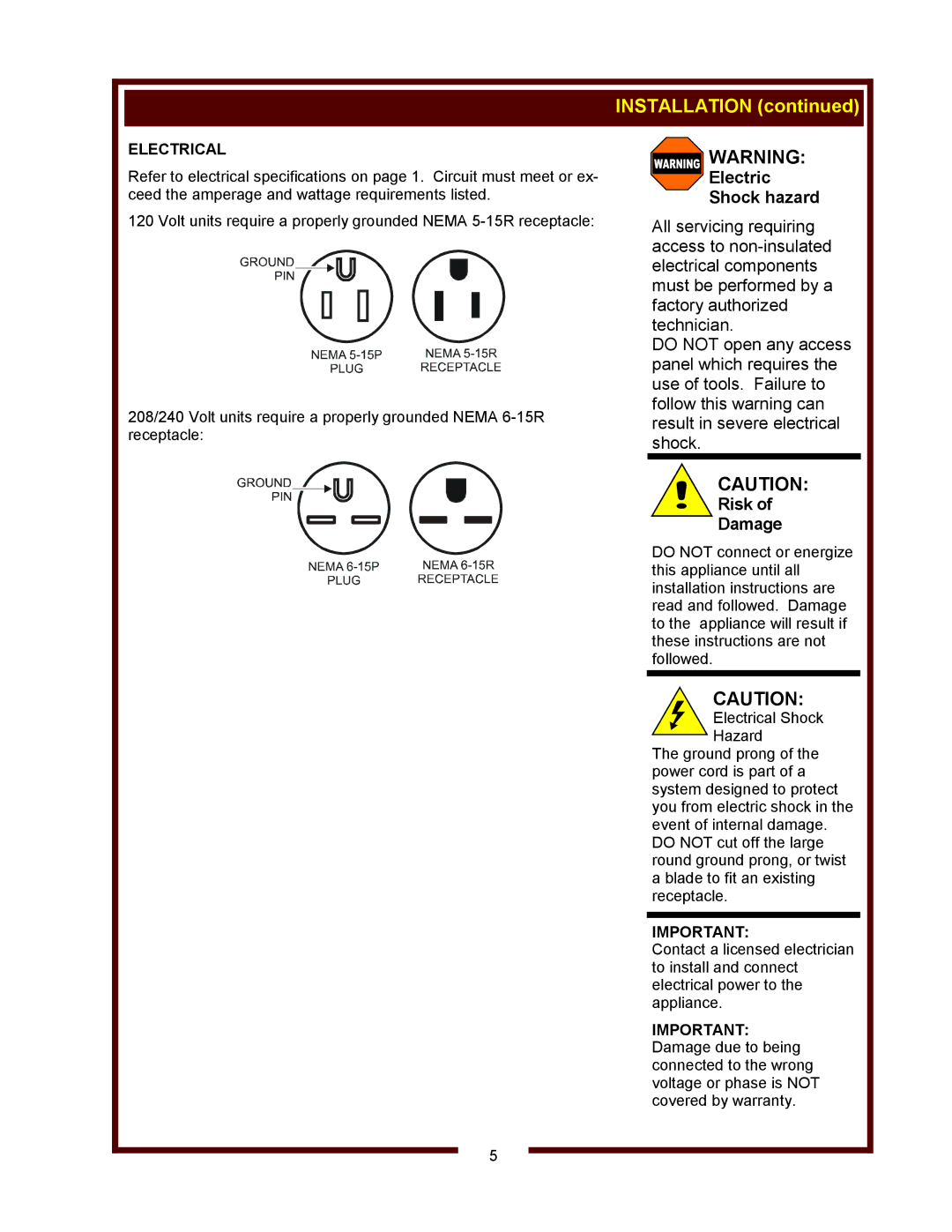 Wells RW-1 thru RW-4 Standard, RWN-1 thru RWN-3 Narrow, RW-1HD thru RW-3HD Heavy-Duty Installation, Electrical 