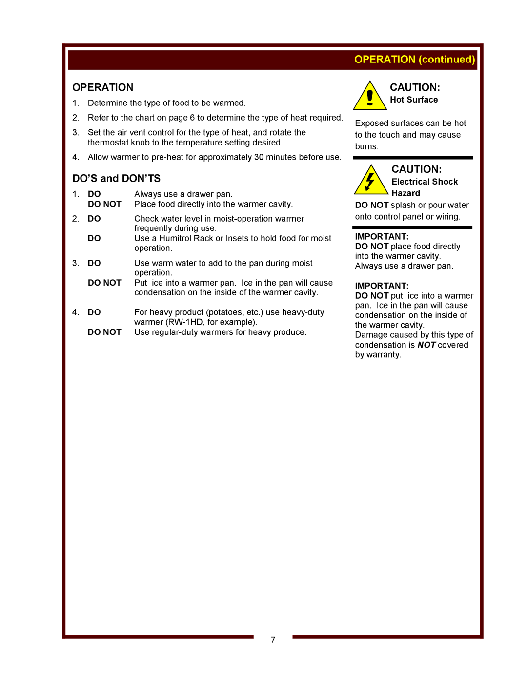 Wells RWN-1 thru RWN-3 Narrow, RW-1 thru RW-4 Standard, RW-1HD thru RW-3HD Heavy-Duty operation manual Operation, Do not 