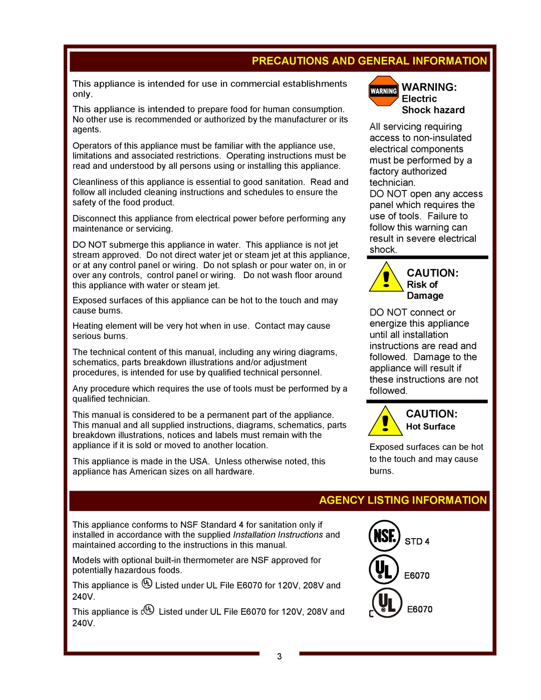 Wells RW-1HD thru RW-3HD Heavy-Duty Precautions And General Information, Agency Listing Information, Electric Shock hazard 