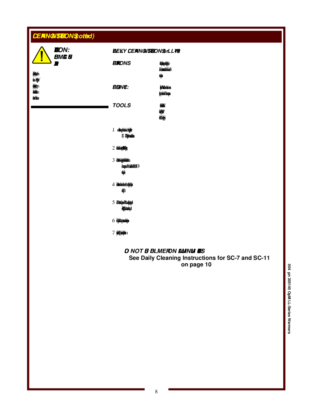 Wells SC-1, SC-7, 6411, LLCH-1220 operation manual Chemical Burn Hazard, Weekly Cleaning Instructions for LLW-1220 