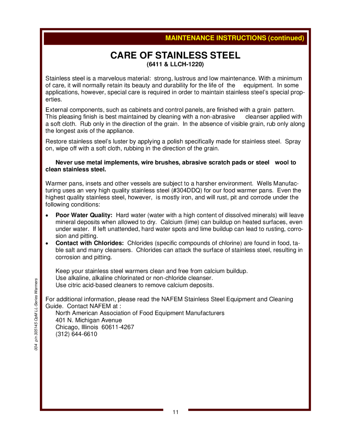 Wells 6411, SC-7, SC-1, LLCH-1220 operation manual Care of Stainless Steel 