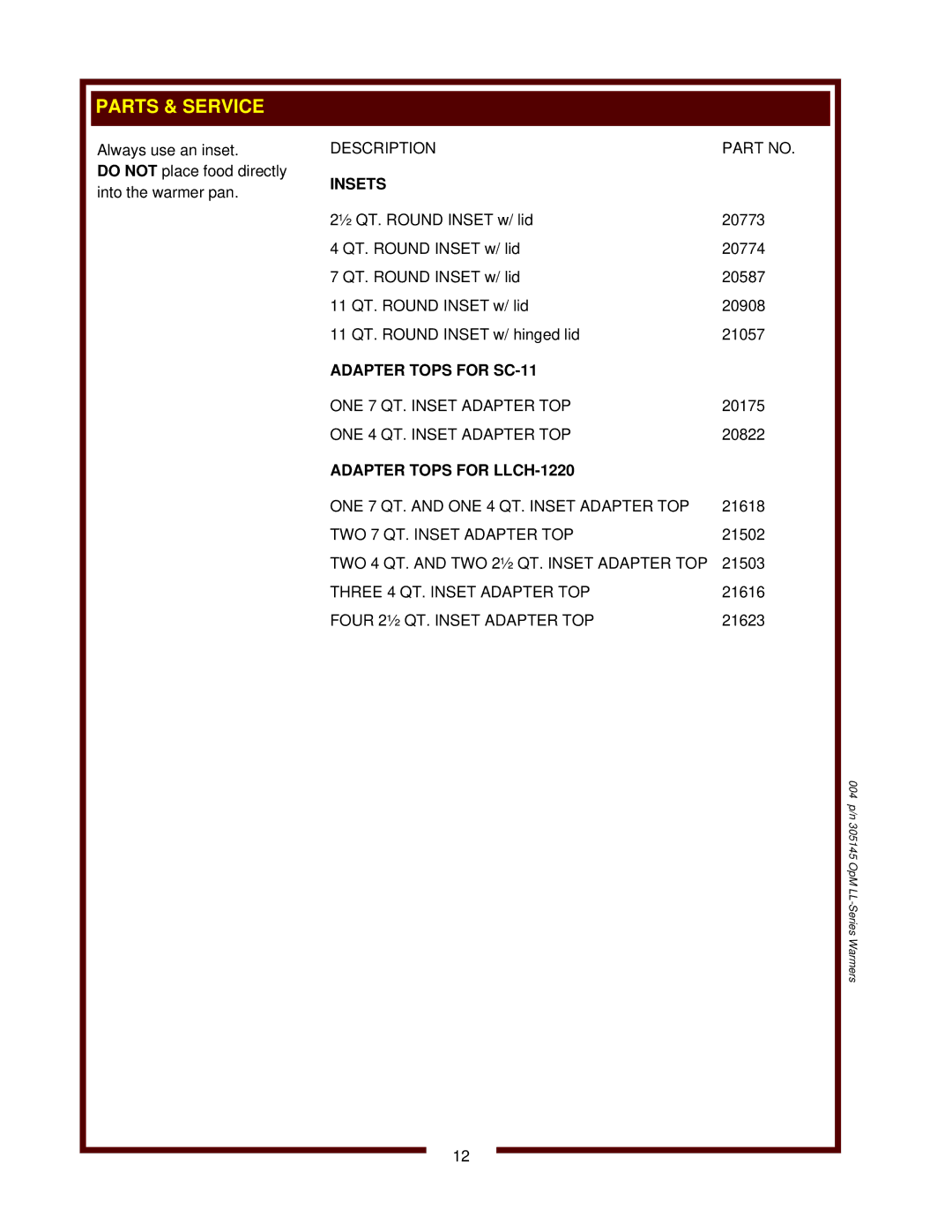 Wells SC-7, 6411 operation manual Insets, Adapter Tops for SC-11, Adapter Tops for LLCH-1220 