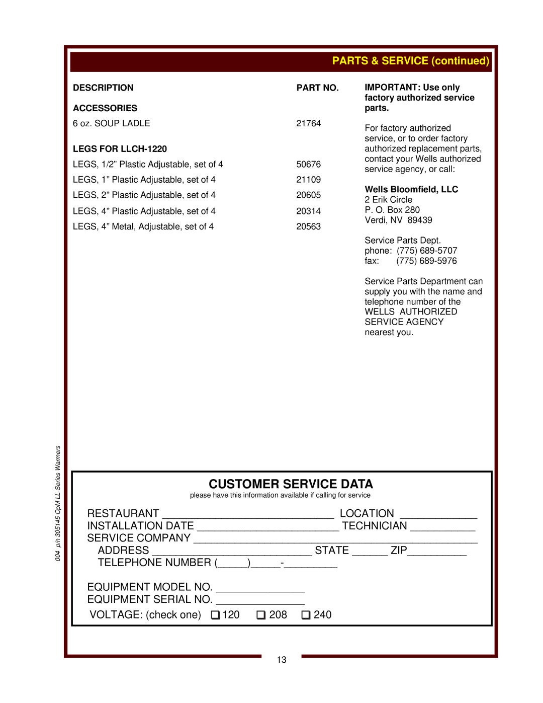 Wells LLCH-1220, SC-7, 6411, SC-1 operation manual Important Use only factory authorized service parts, Wells Bloomfield, LLC 