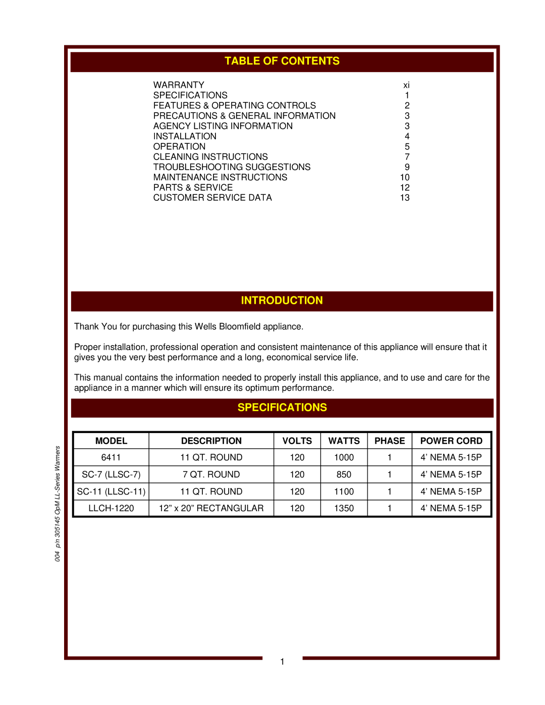 Wells LLCH-1220, SC-7, 6411, SC-1 operation manual Introduction, Model Description Volts Watts Phase Power Cord 