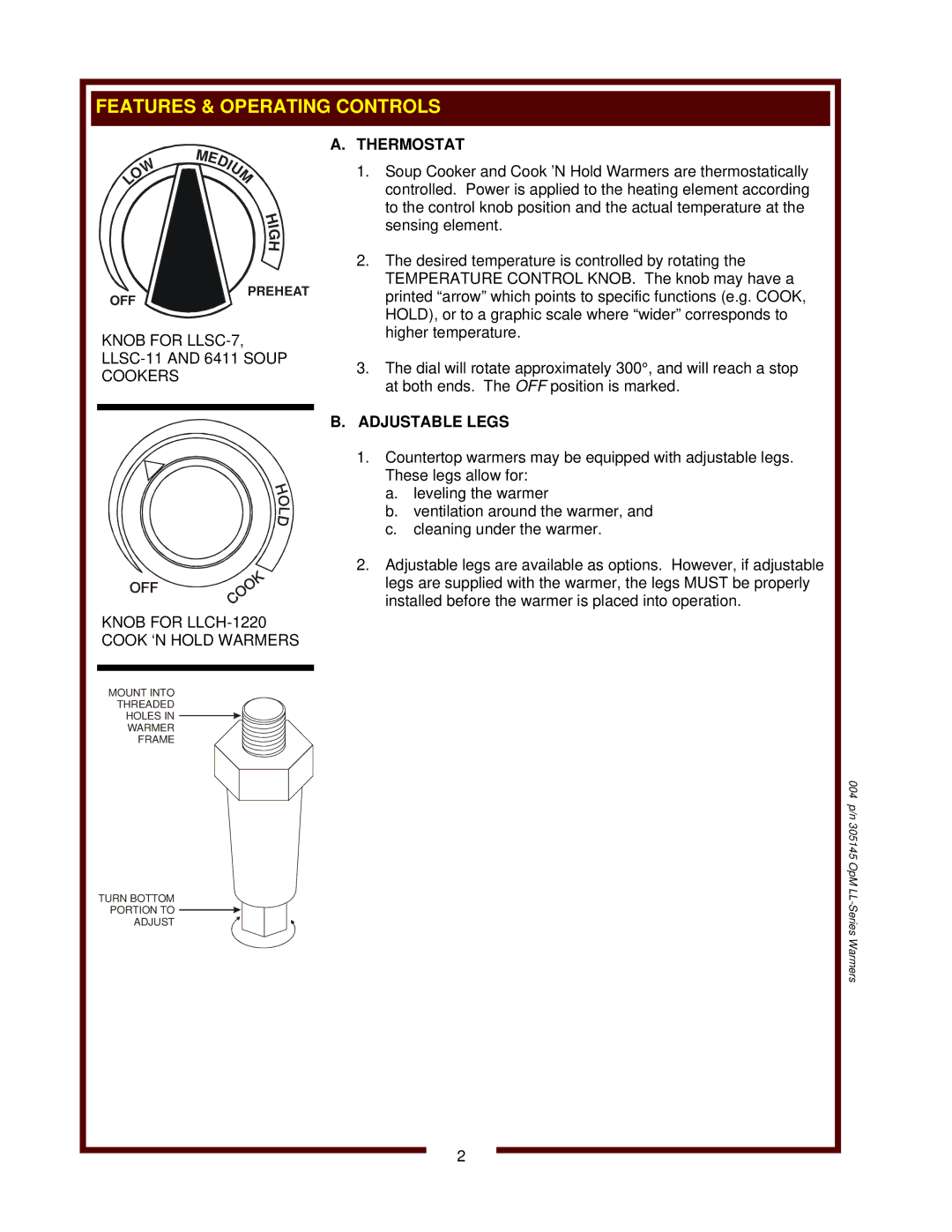 Wells SC-7, 6411, SC-1, LLCH-1220 operation manual Thermostat, Adjustable Legs 