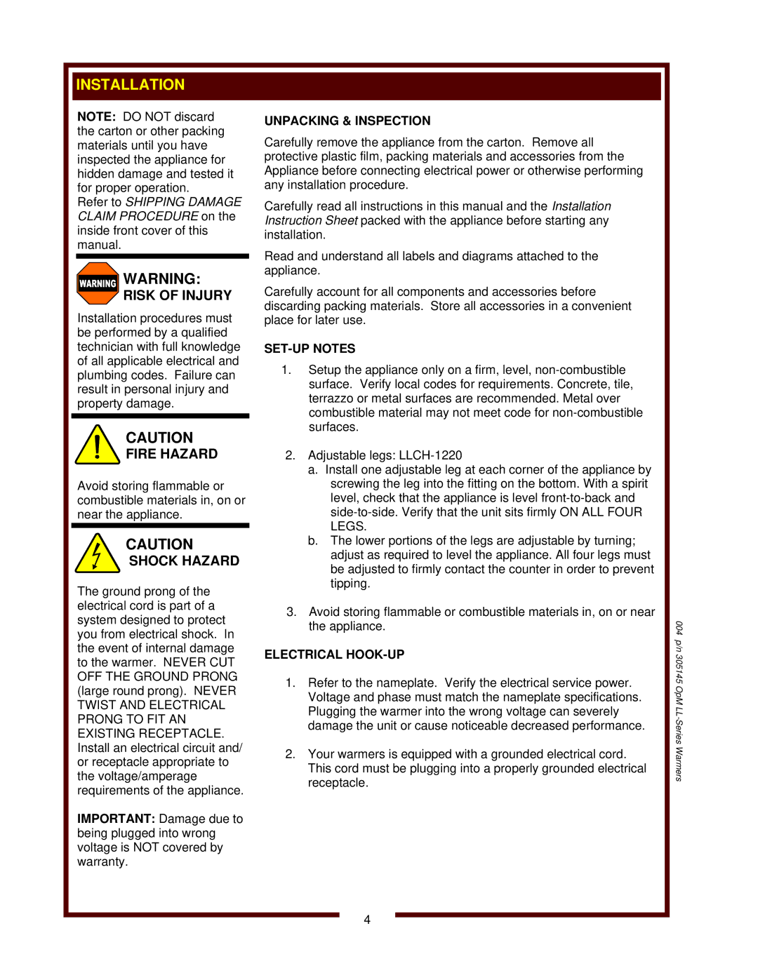 Wells SC-1, SC-7, 6411, LLCH-1220 operation manual Unpacking & Inspection, SET-UP Notes, Electrical HOOK-UP 