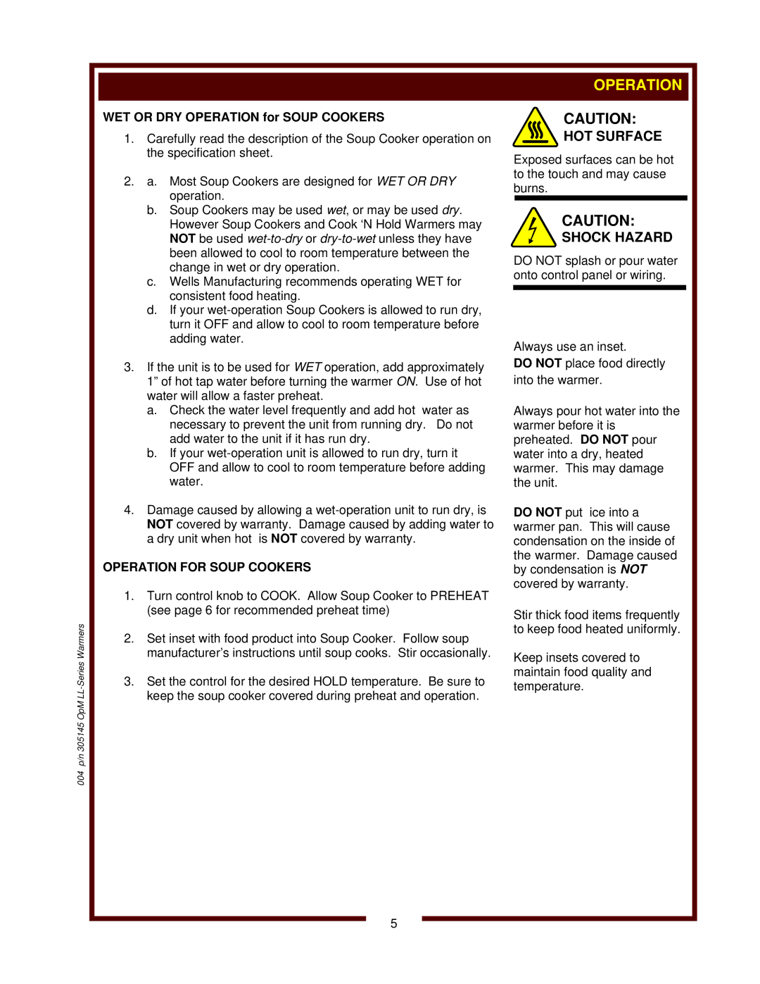 Wells LLCH-1220, SC-7, 6411, SC-1 operation manual WET or DRY Operation for Soup Cookers 