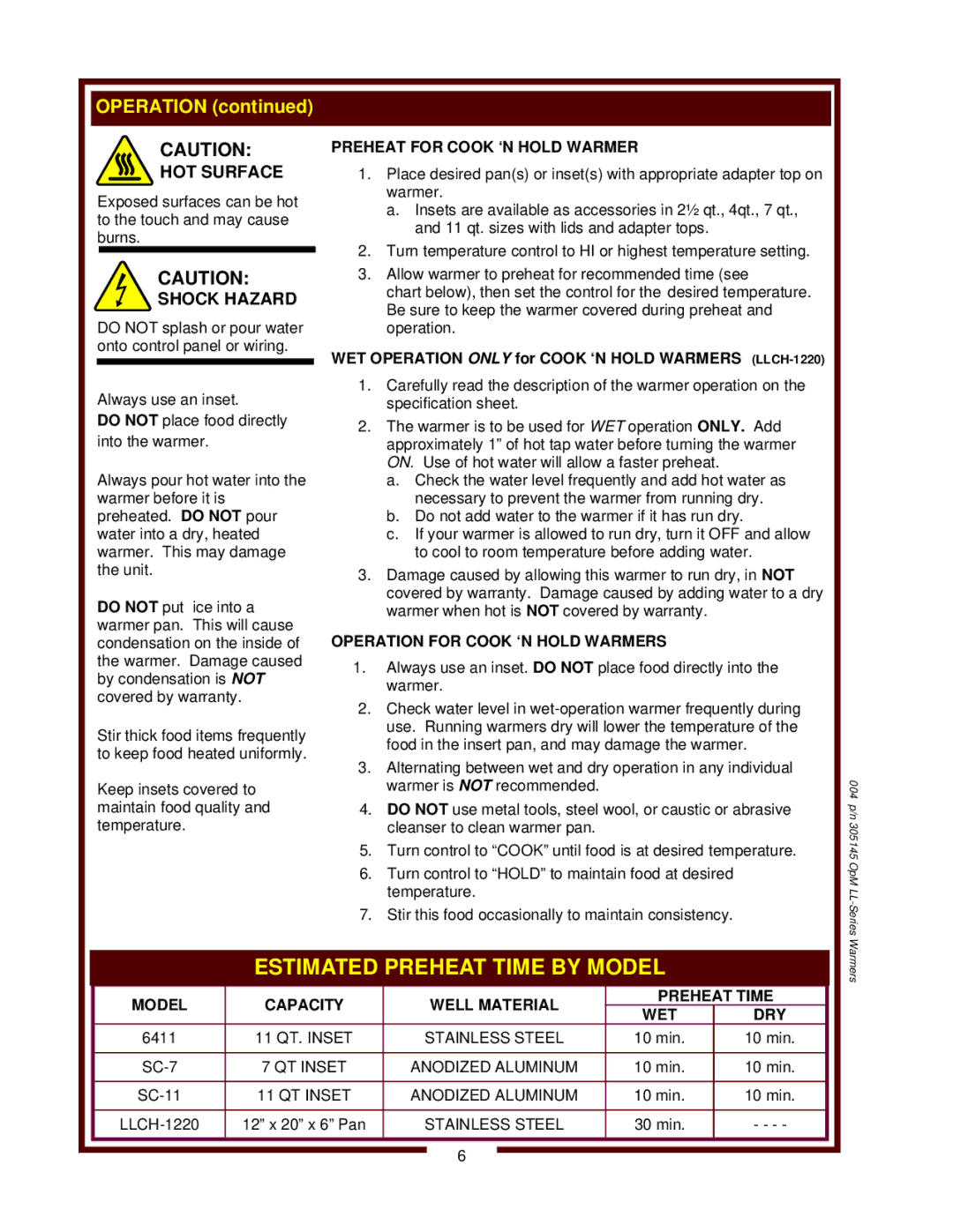 Wells SC-7, 6411, SC-1 Preheat for Cook ‘N Hold Warmer, WET Operation only for Cook ‘N Hold Warmers LLCH-1220 