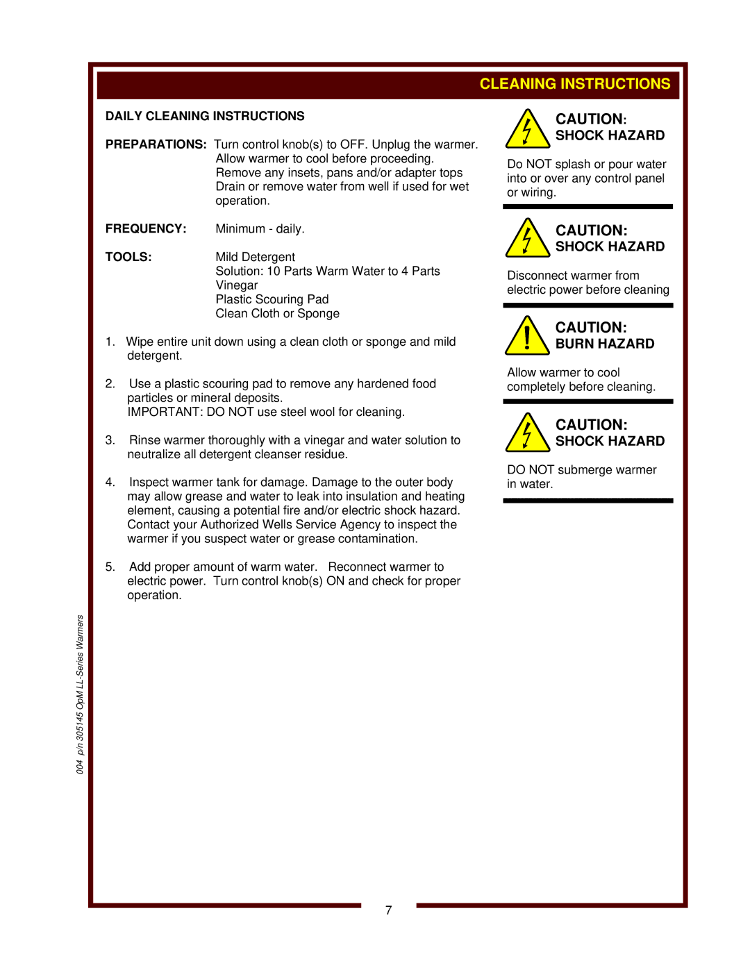 Wells 6411, SC-7, SC-1, LLCH-1220 operation manual Daily Cleaning Instructions 