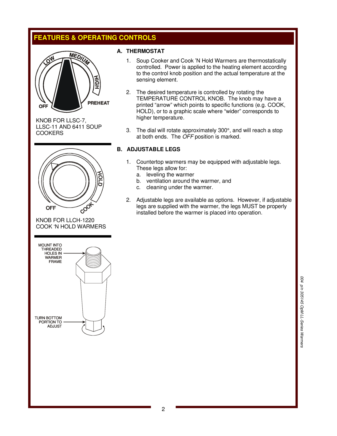 Wells SC-7, 6411, SC-1, LLCH-1220 operation manual A. Thermostat, B. Adjustable Legs 