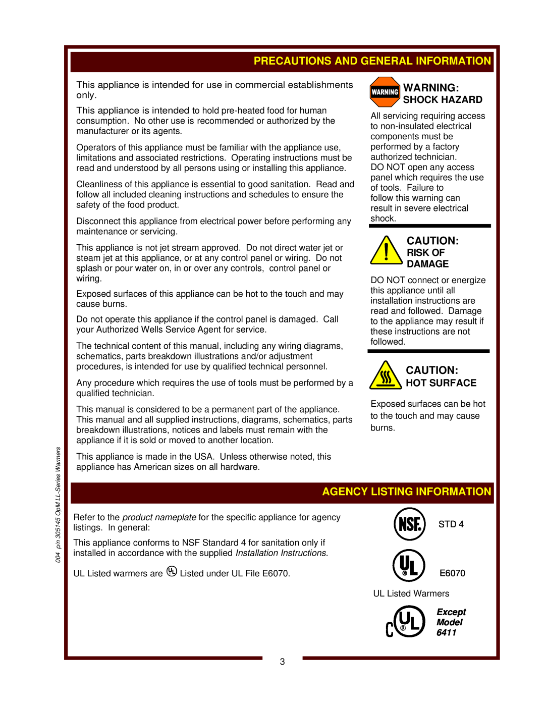 Wells 6411, SC-7, SC-1, LLCH-1220 Agency Listing Information, Shock Hazard, Risk Of Damage, Hot Surface, VExcept Model 